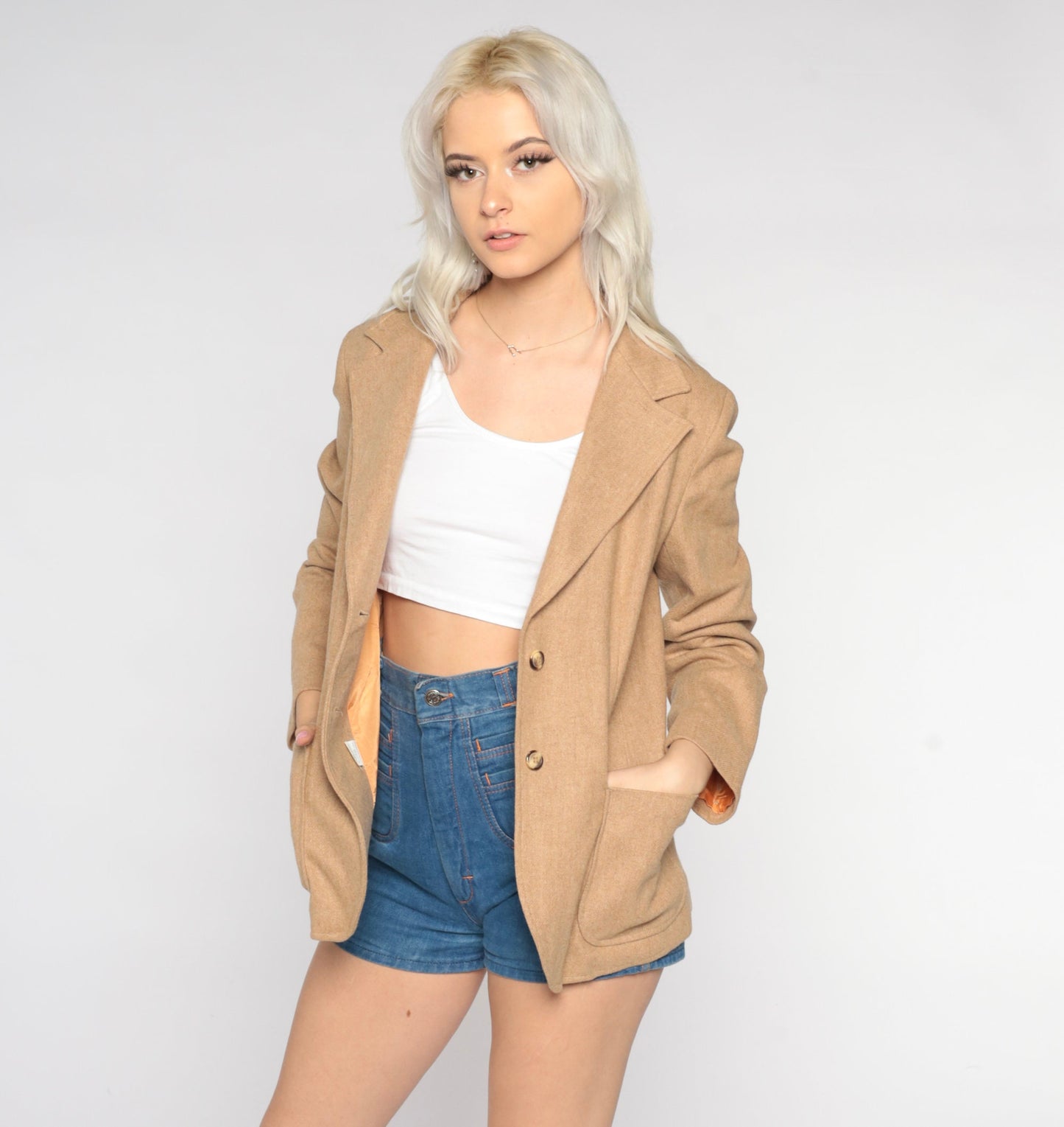 70s Wool Blazer Tan Button-Up Jacket Orange Lining Small