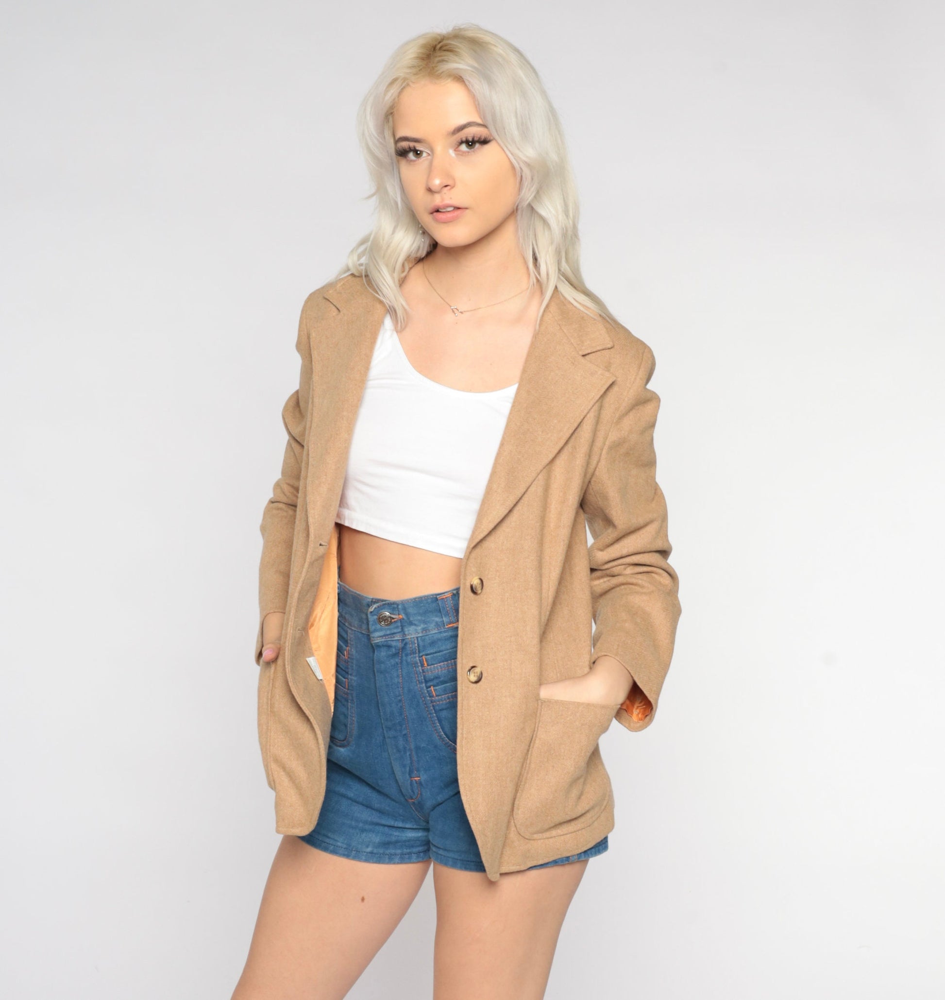70s Wool Blazer Tan Button-Up Jacket Orange Lining Small