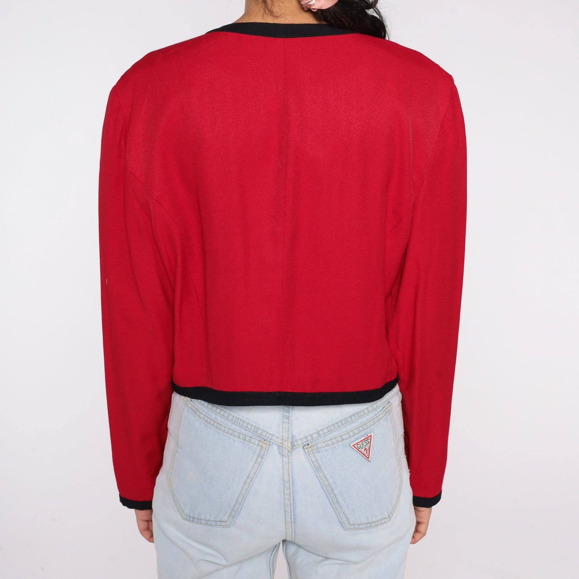 90s Red Cropped Jacket Gold Buttons Black Trim Open Front Small