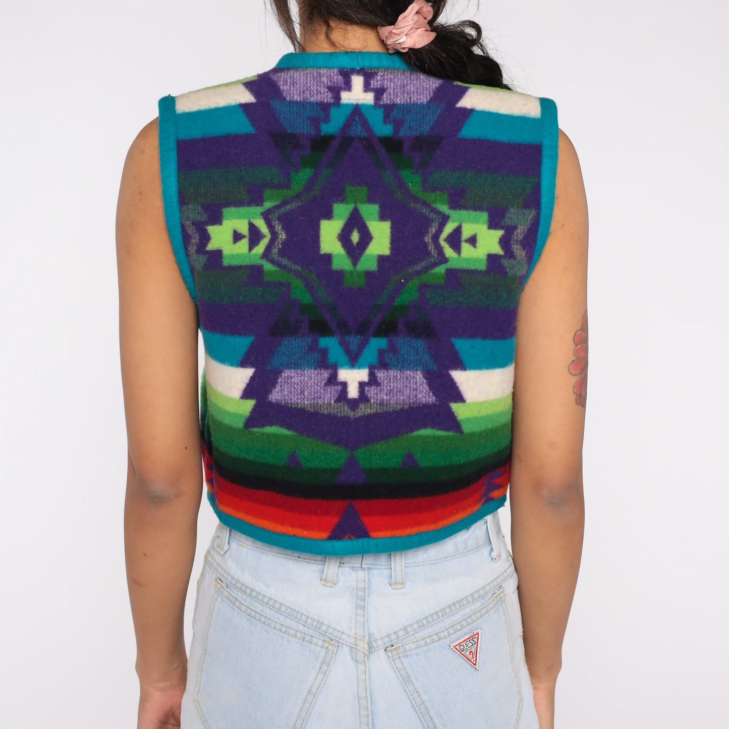 90s Southwestern Blanket Print Vest Cropped Open Front Small