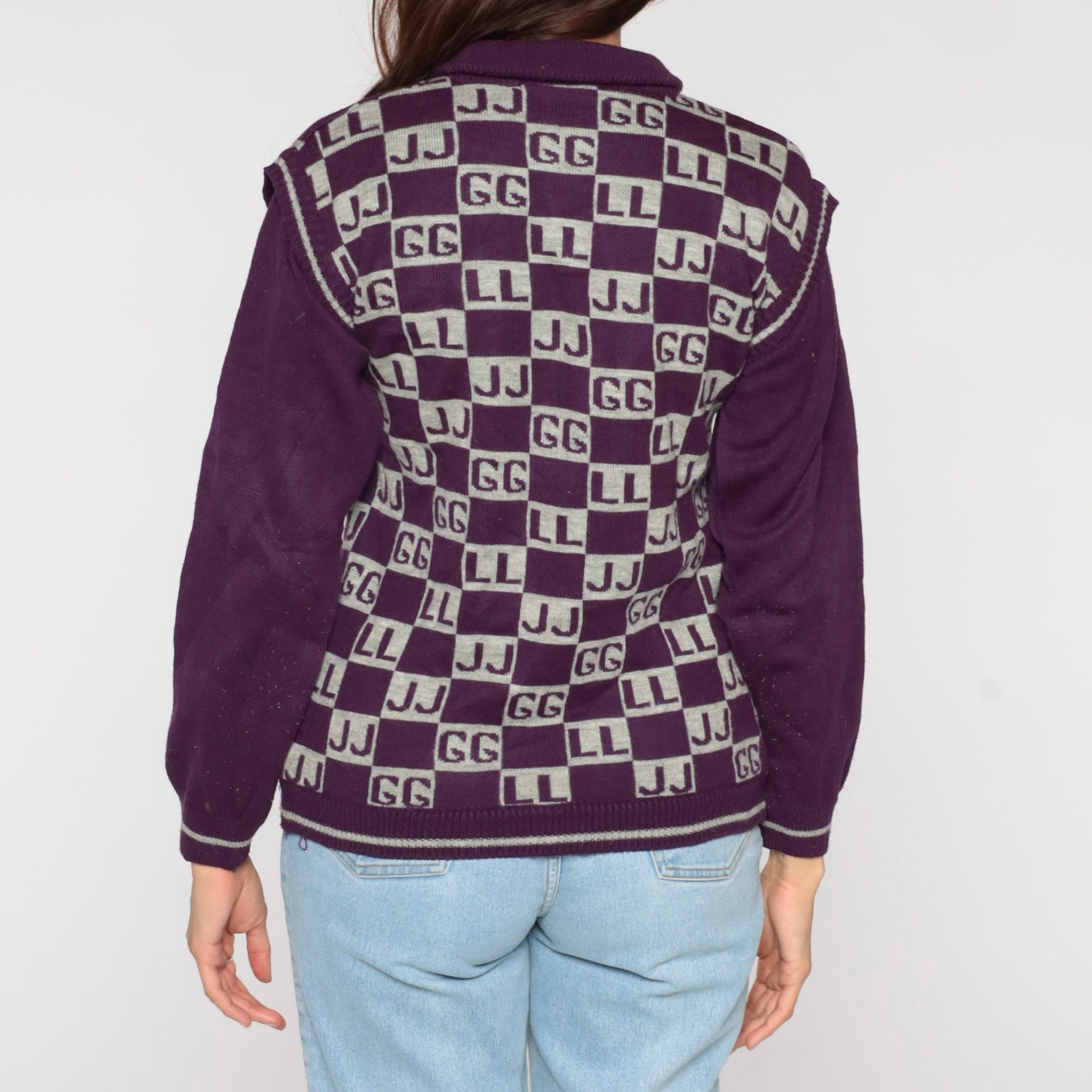 90s Purple Polo Sweater Initials GG JJ LL Novelty Knit Small
