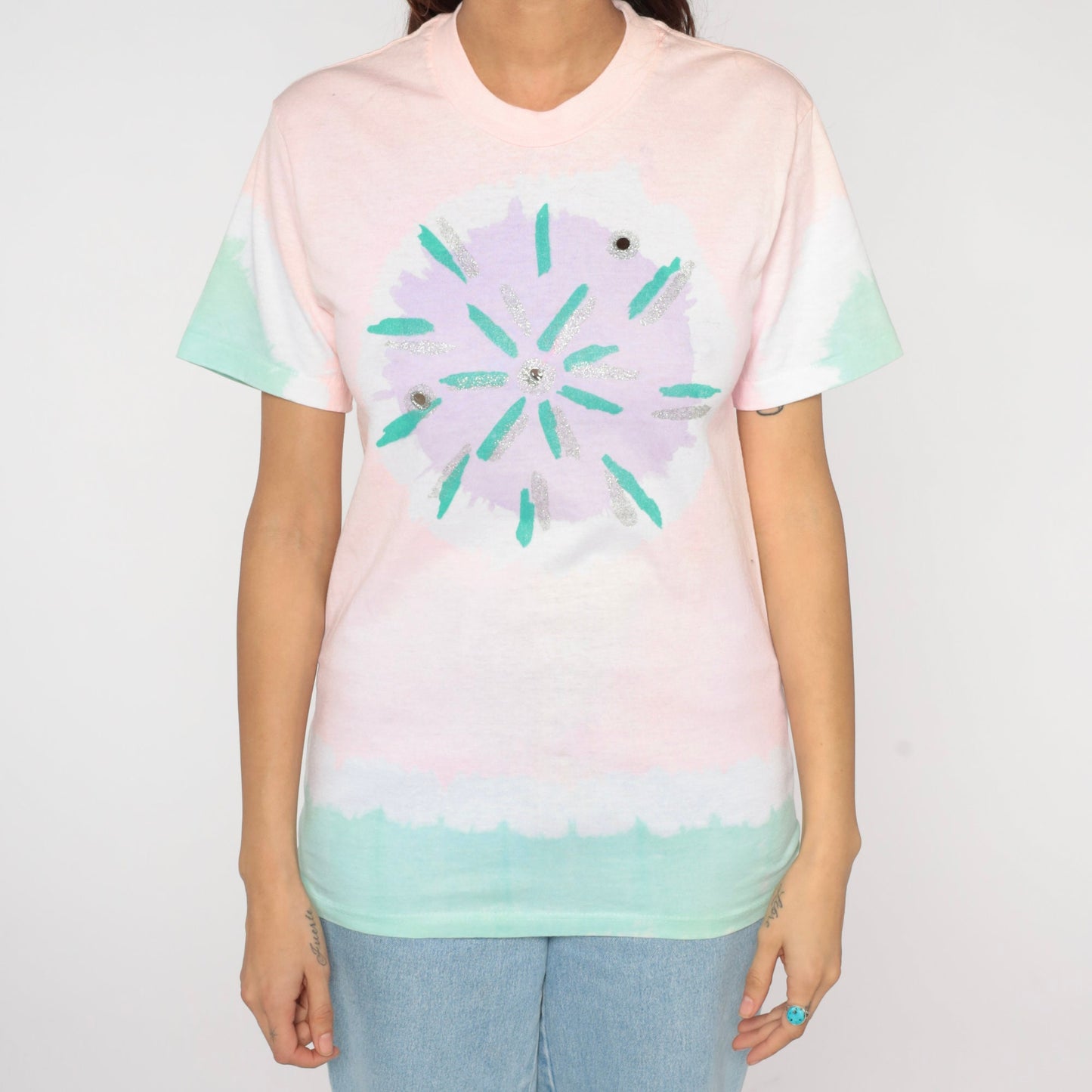 90s Tie Dye T-Shirt Pink Starburst Chest Graphic Cotton Tee Medium