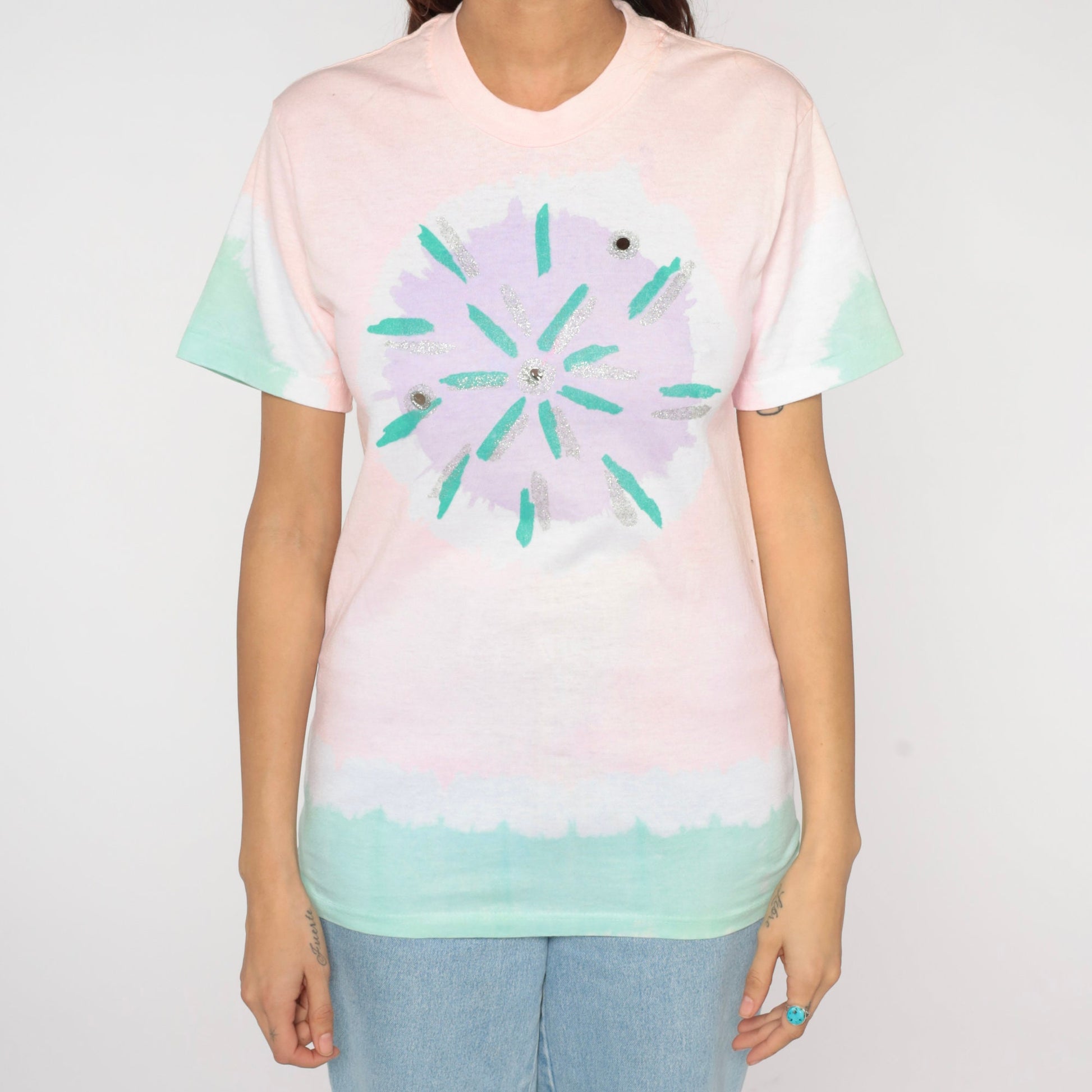 90s Tie Dye T-Shirt Pink Starburst Chest Graphic Cotton Tee Medium