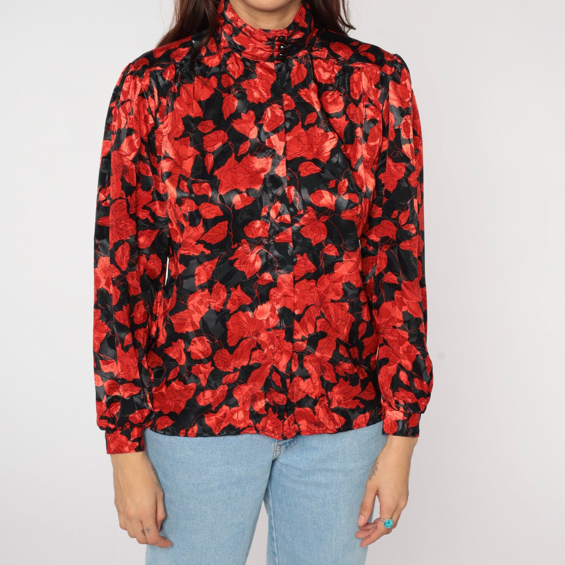 80s Black Red Floral Puff Sleeve Button-Up Blouse Small