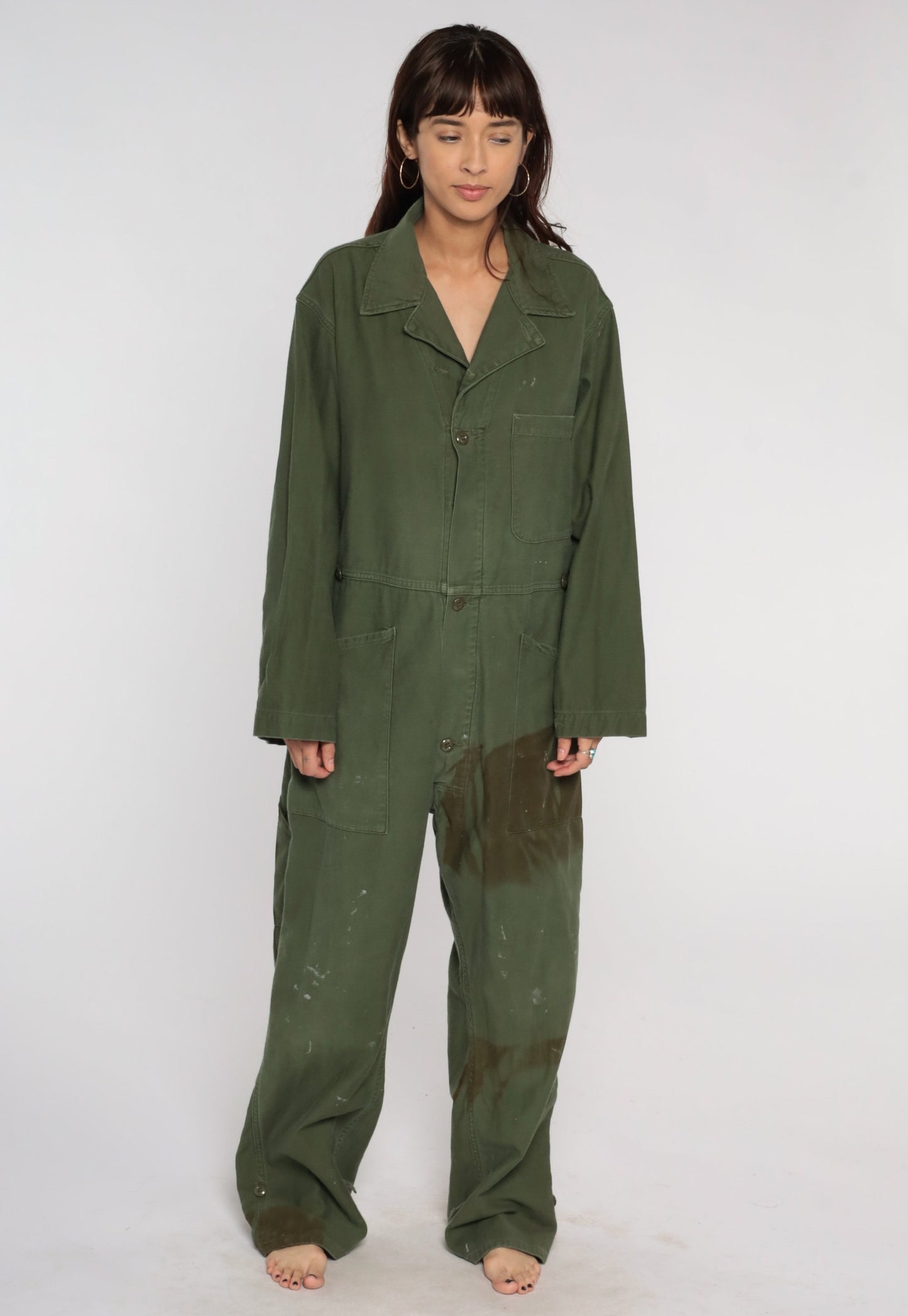 80s Army Coveralls Flight Suit Button Up Jumpsuit Olive Green Mens Large