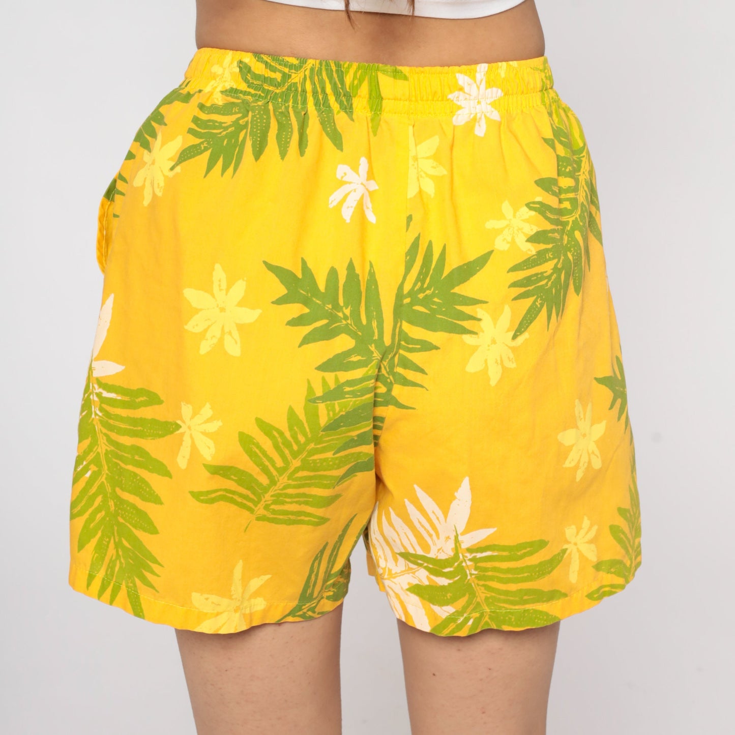 90s Yellow Tropical Leaf Floral Shorts High Waist Elastic Small S