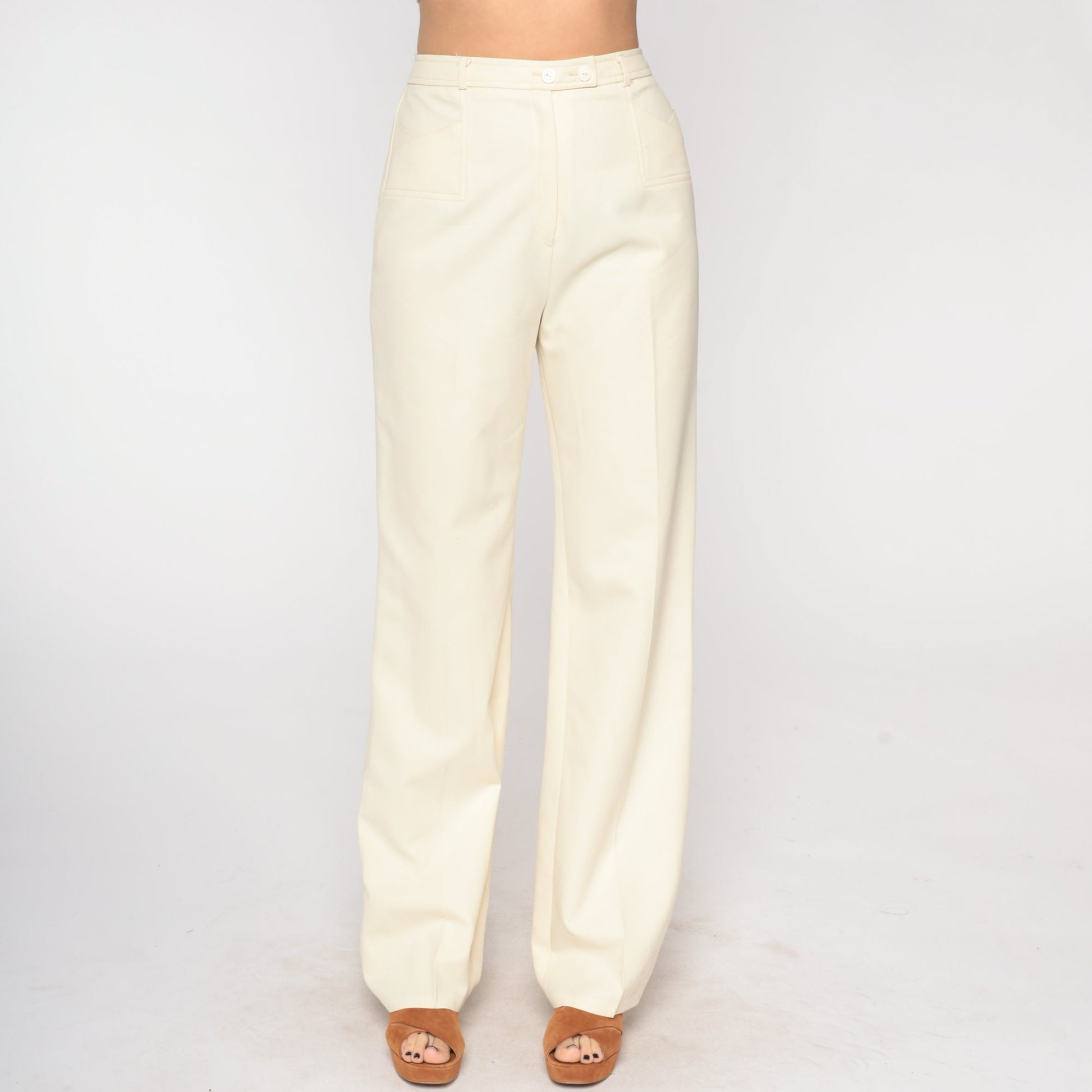 70s Cream High-Waisted Straight Leg Trousers Small S
