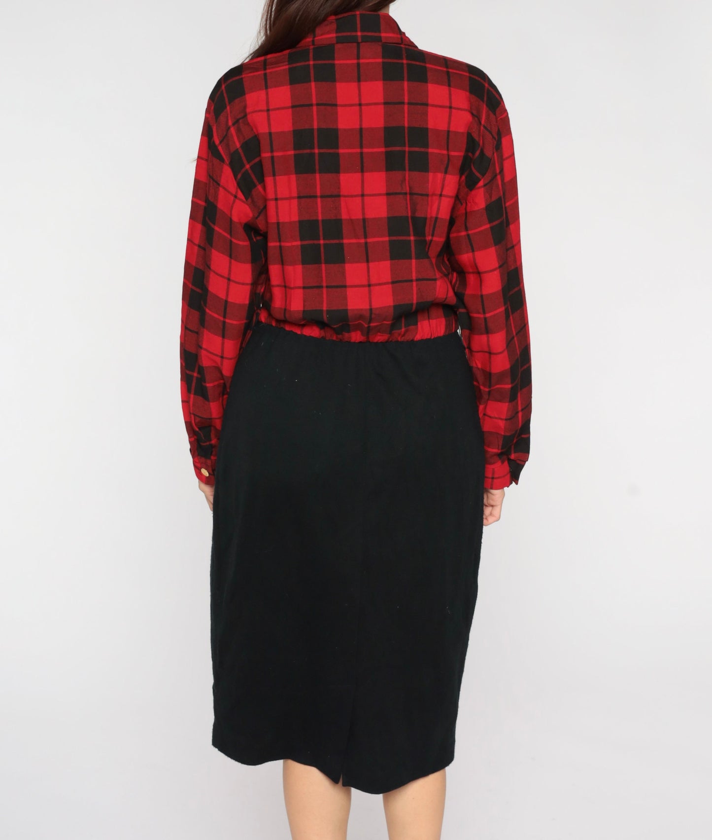 80s Red Plaid Midi Shirt Dress Black Pencil High Waist Button Up Medium