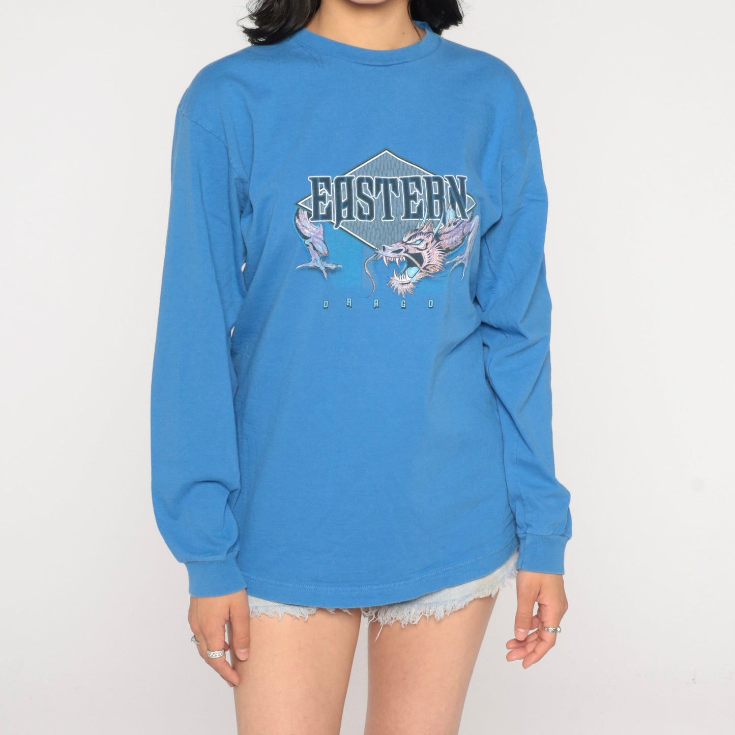 Y2K Eastern Dragon Long Sleeve Graphic Tee Blue Small