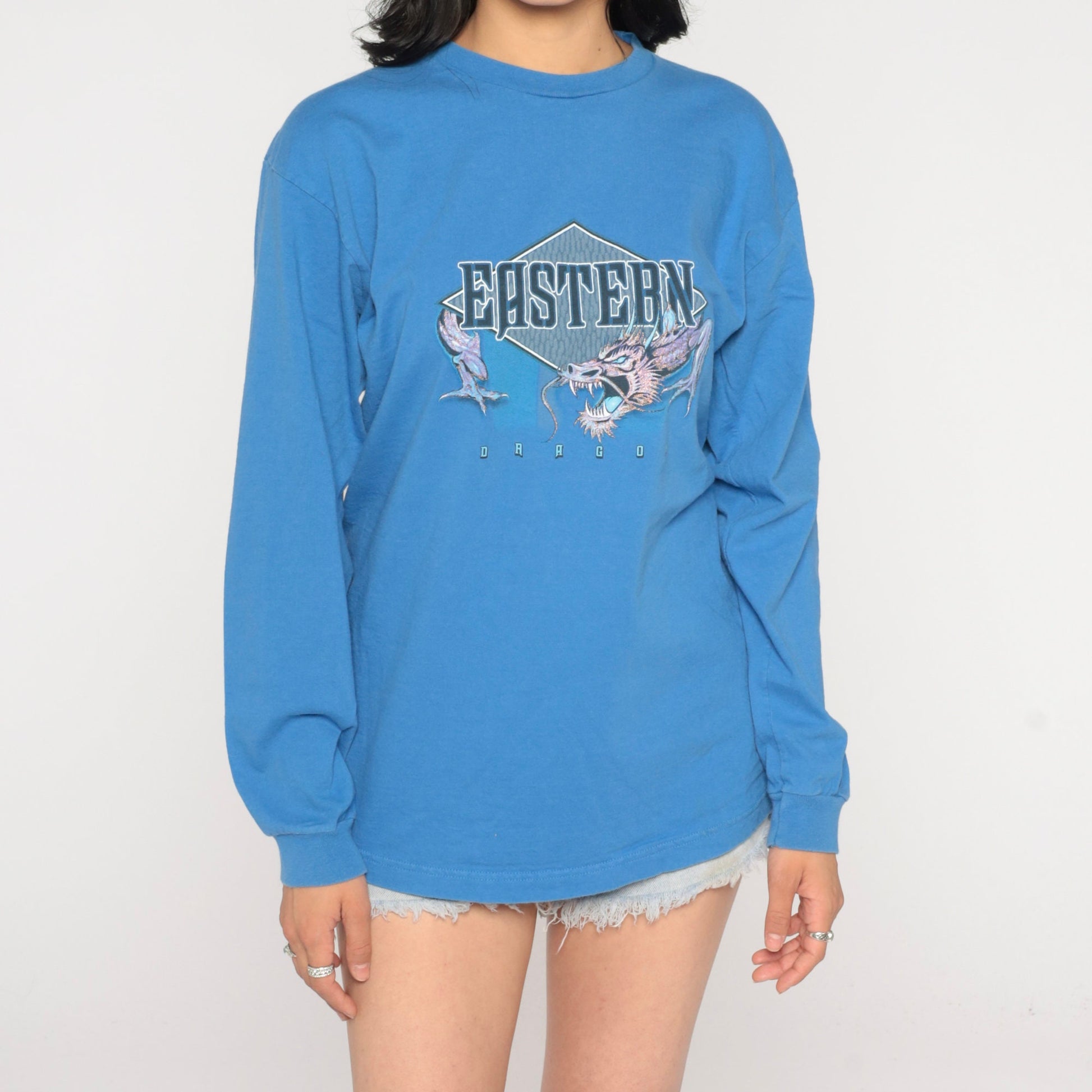 Y2K Eastern Dragon Long Sleeve Graphic Tee Blue Small