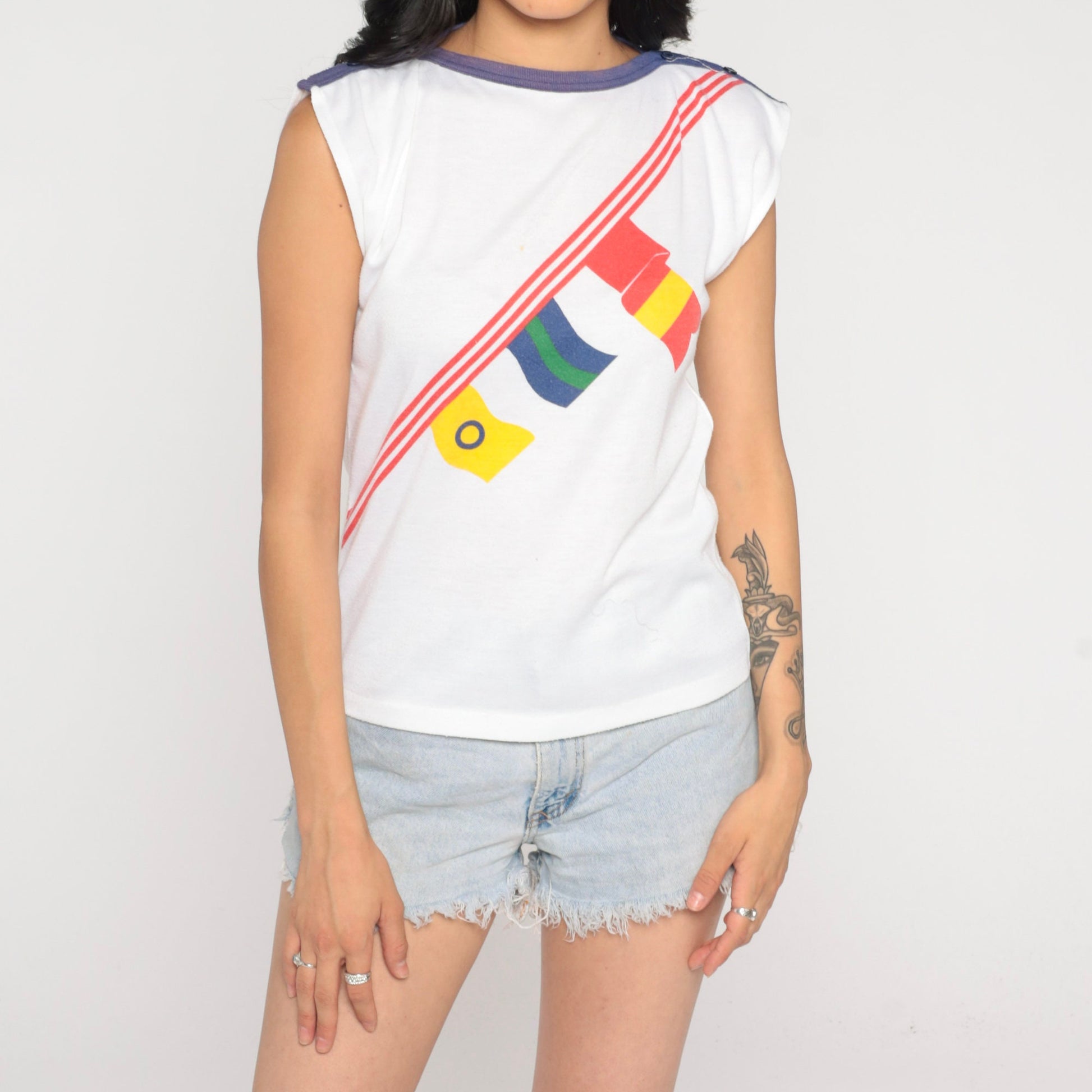 80s Nautical Flag Cap Sleeve T-Shirt Blue Trim Graphic Tee Small