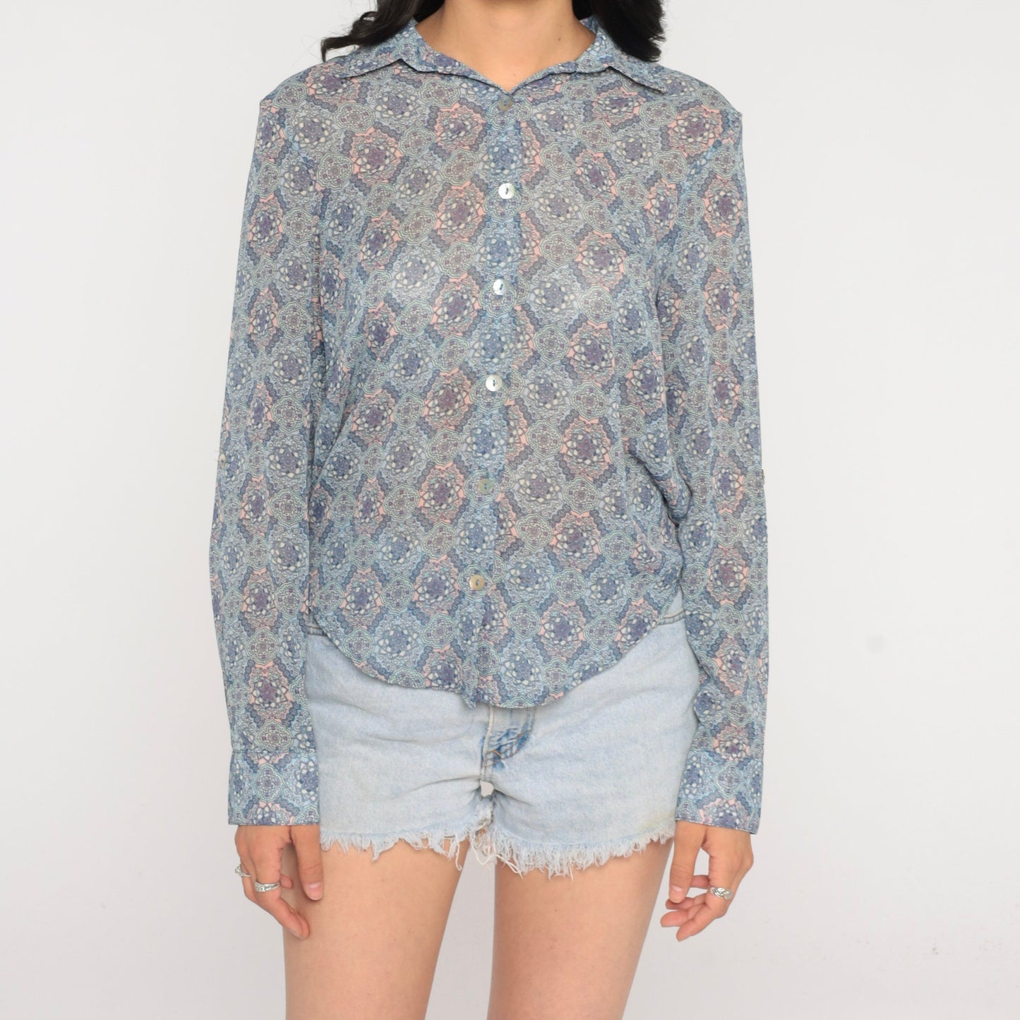 00s Batik Floral Button-Up Blouse Geometric Print Long Sleeve Collared Shirt Small