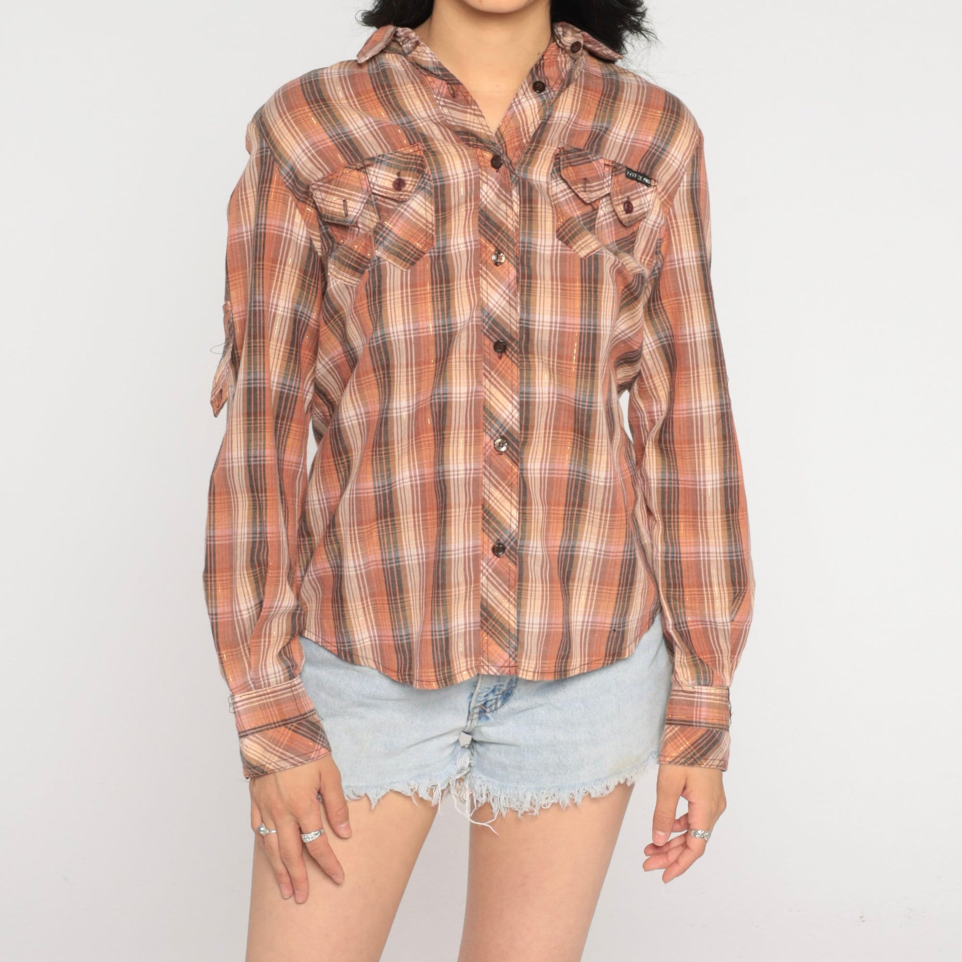 70s Brown Plaid Metallic Button-Up Shirt Long Sleeve Small