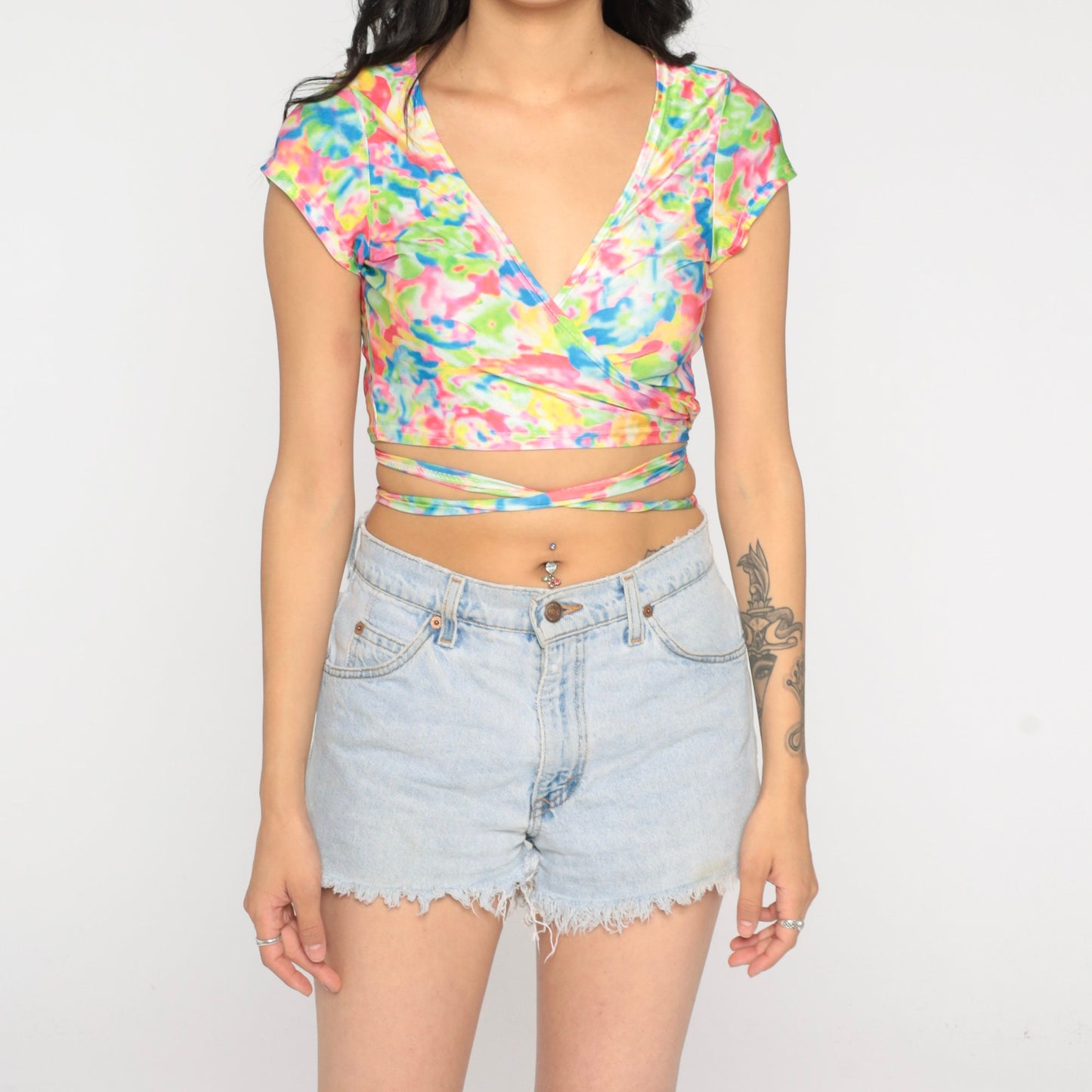 Y2K Colorful Abstract Print Wrap Crop Top Short Sleeve V Neck Small Medium