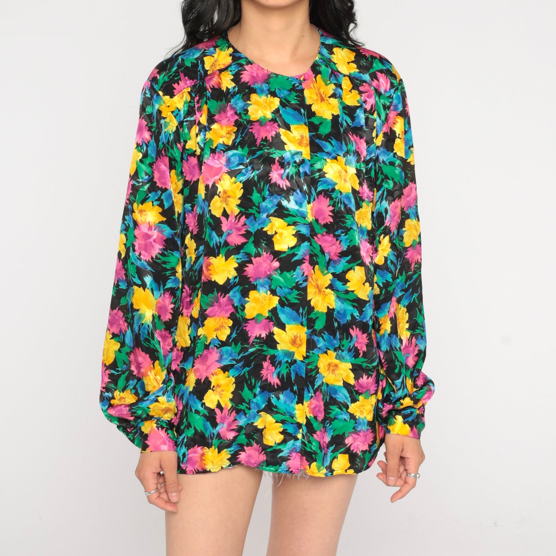 90s Black Floral Blouse Hidden Button Long Sleeve Shirt Large L