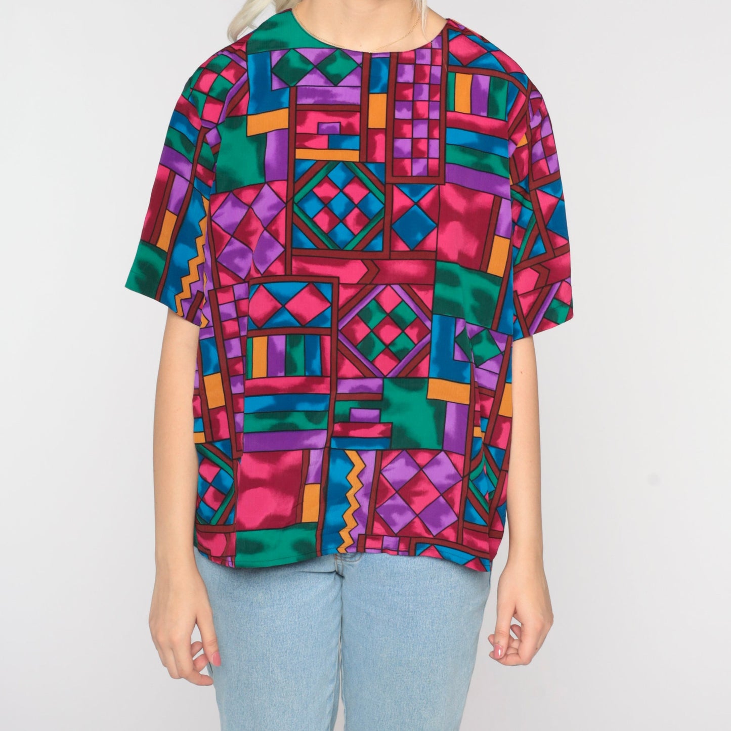 80s Geometric Abstract Square Print Blouse Rainbow Short Sleeve Large L