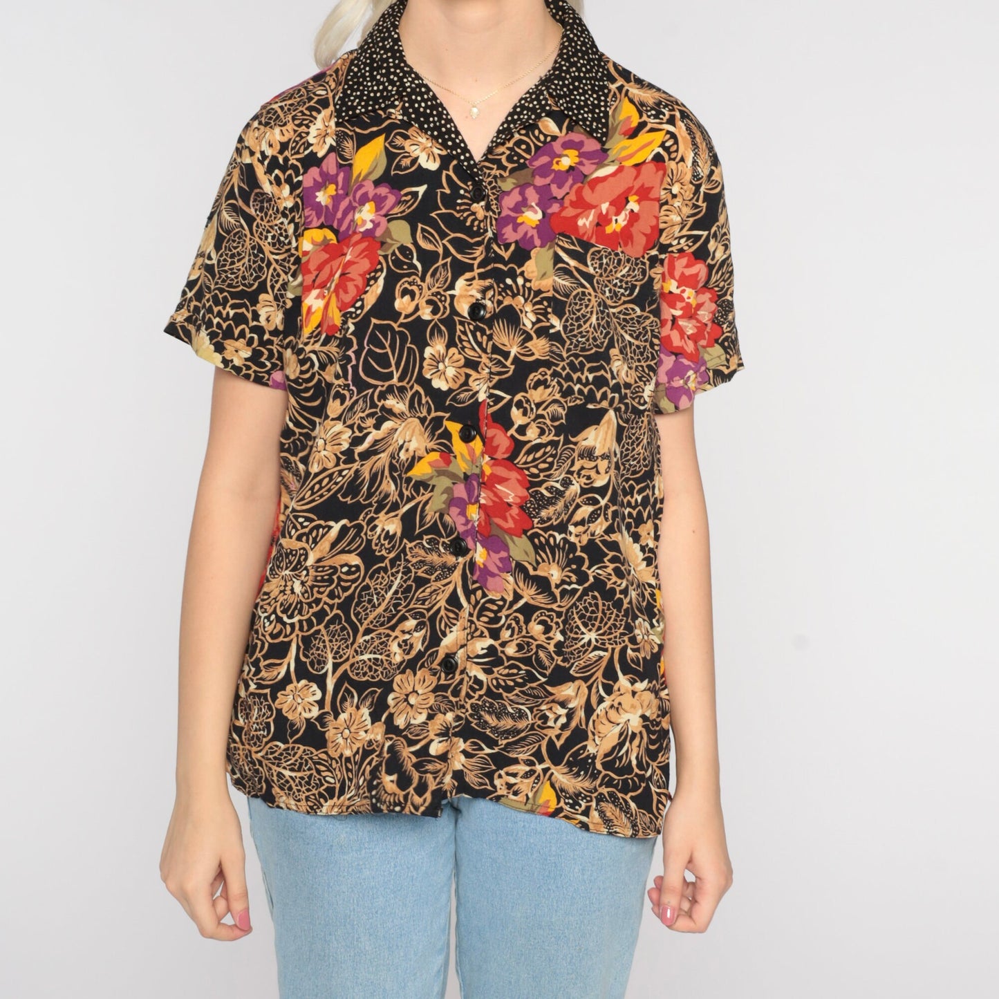 90s Floral Leaf Polka Dot Button-Up Blouse Black Short Sleeve Small