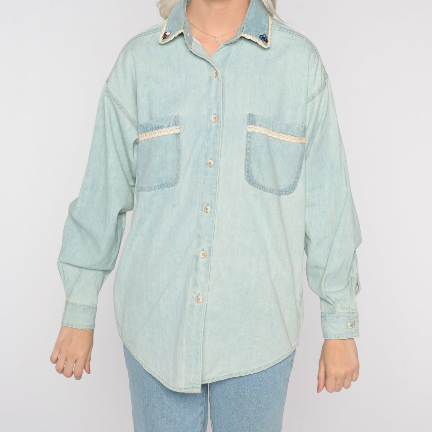 90s Light Blue Chambray Button-Up Blouse Lace Trim Rosette Small