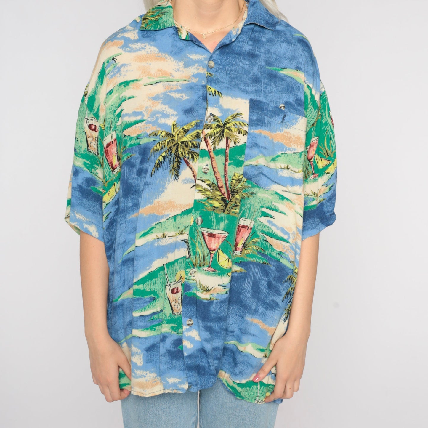 Y2K Blue Hawaiian Shirt Palm Tree Cocktail Print Button Up Men's Large
