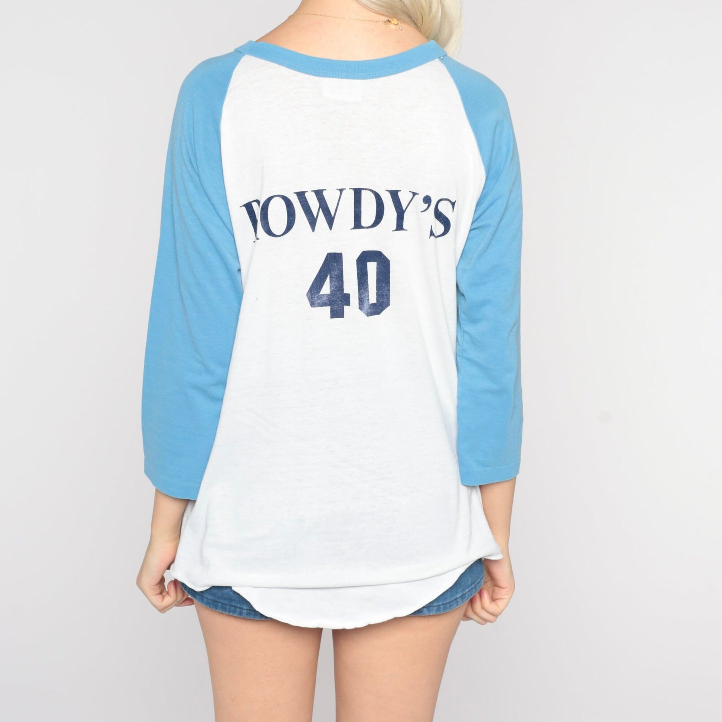 80s ATL Testing Laboratories Rowdy's 40 Baseball Tee White Baby Blue Raglan Medium