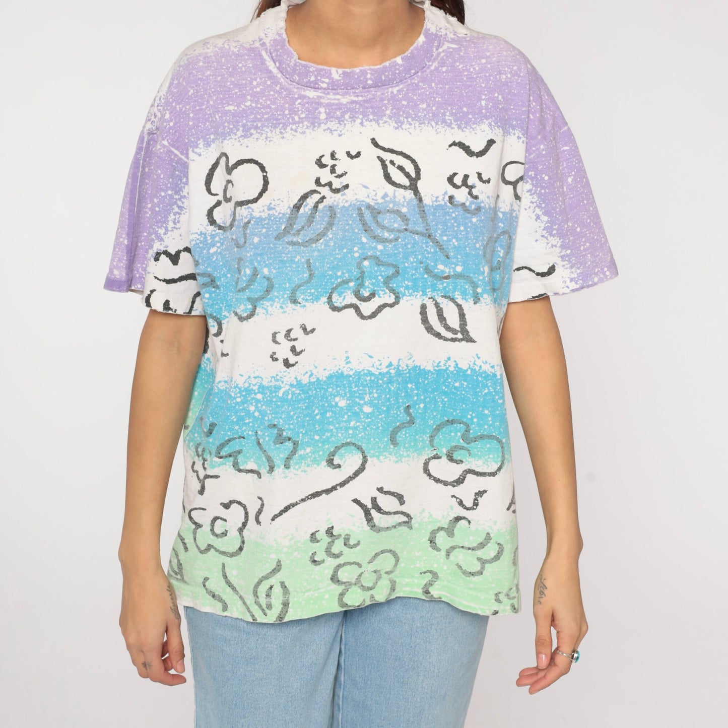 90s Anvil Floral T-Shirt Bleach Splatter Striped Cotton White Extra Large XL