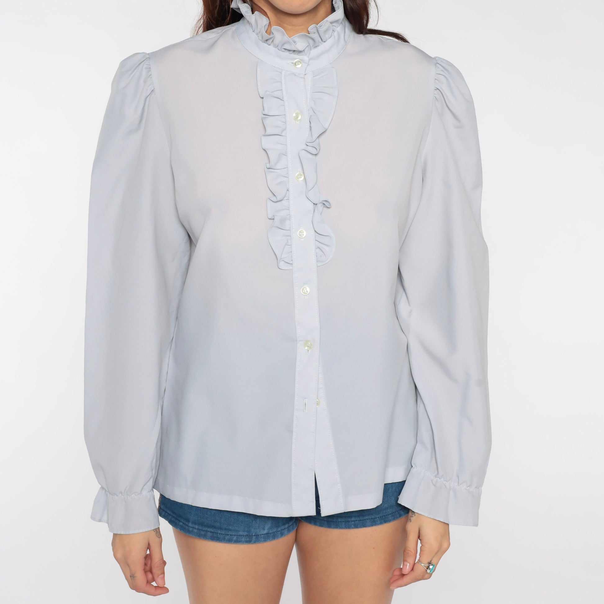 80s Grey Sheer Tuxedo Ruffle Blouse Puff Sleeve Button Up Medium
