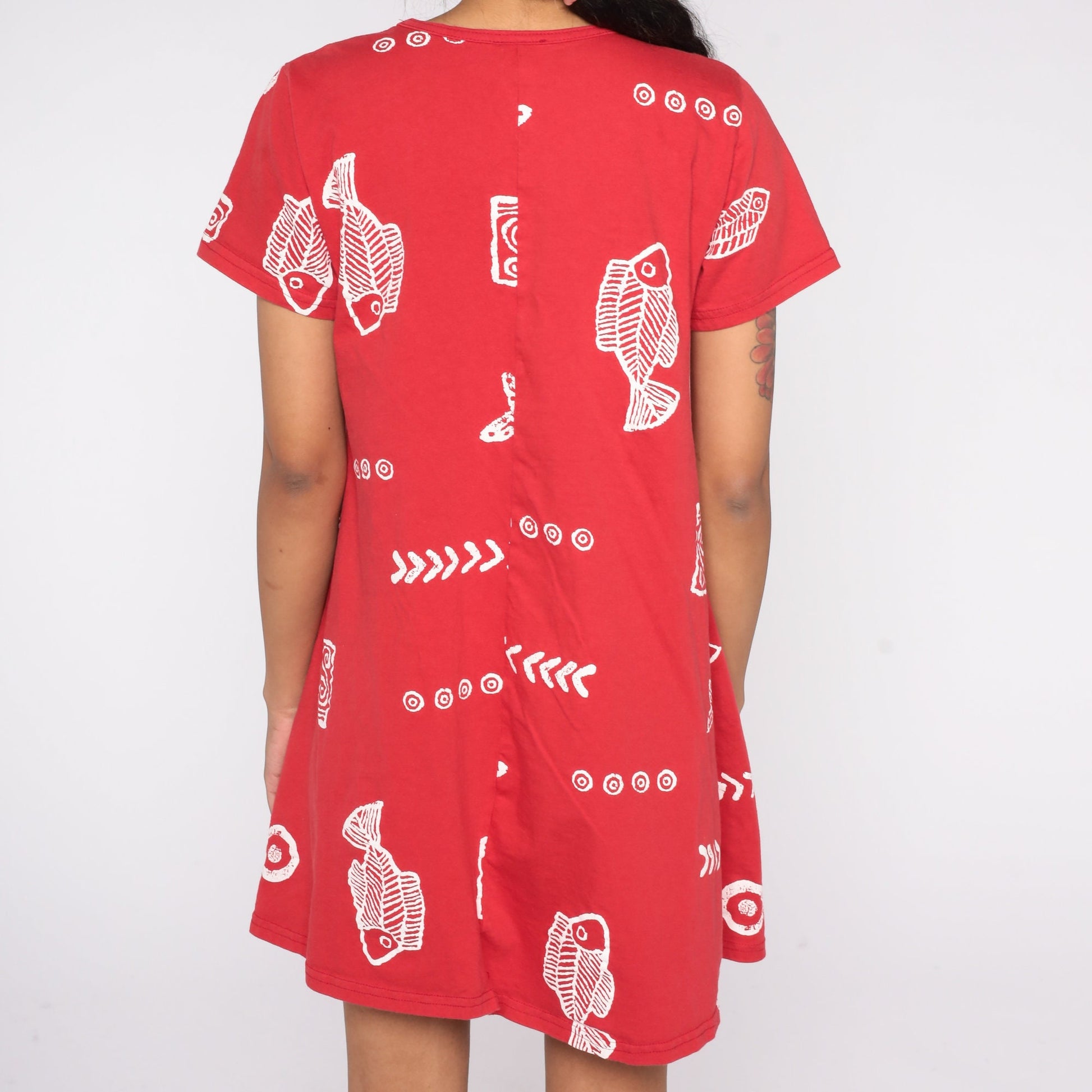 90s Fish Seashell Print Cotton Mini Dress Red Short Sleeve Small S