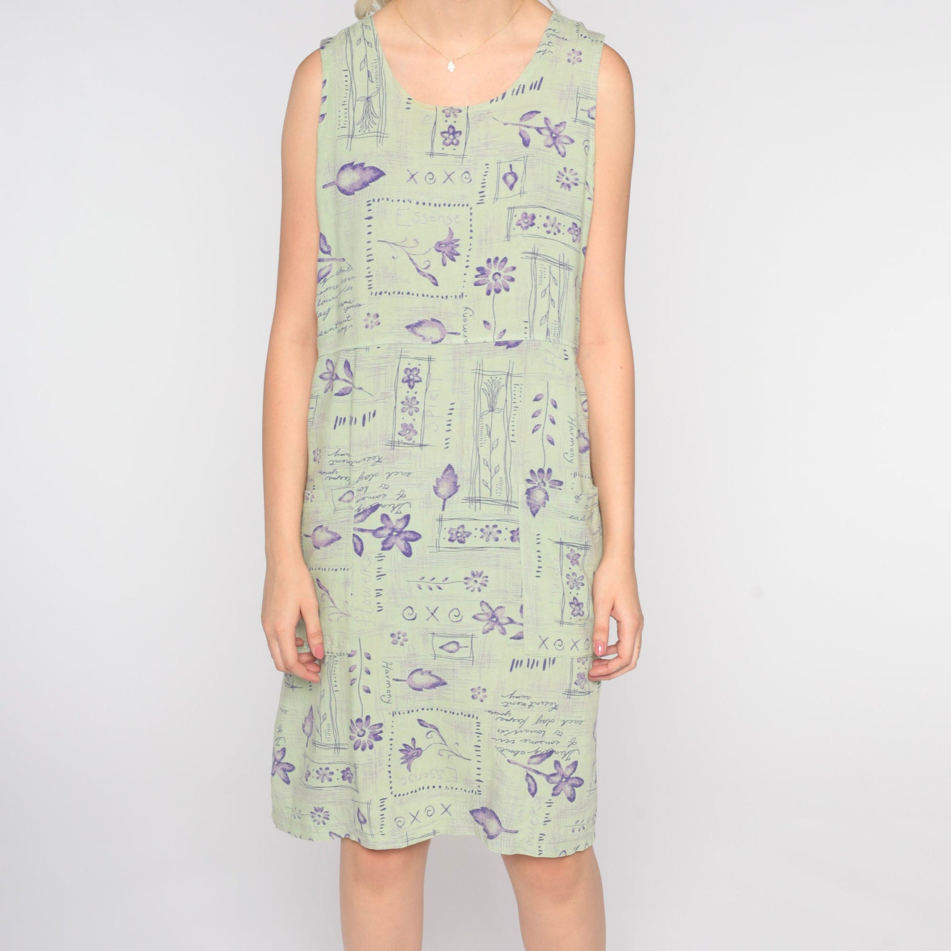 90s Sage Green Abstract Floral Mini Dress Sleeveless Shift Medium M