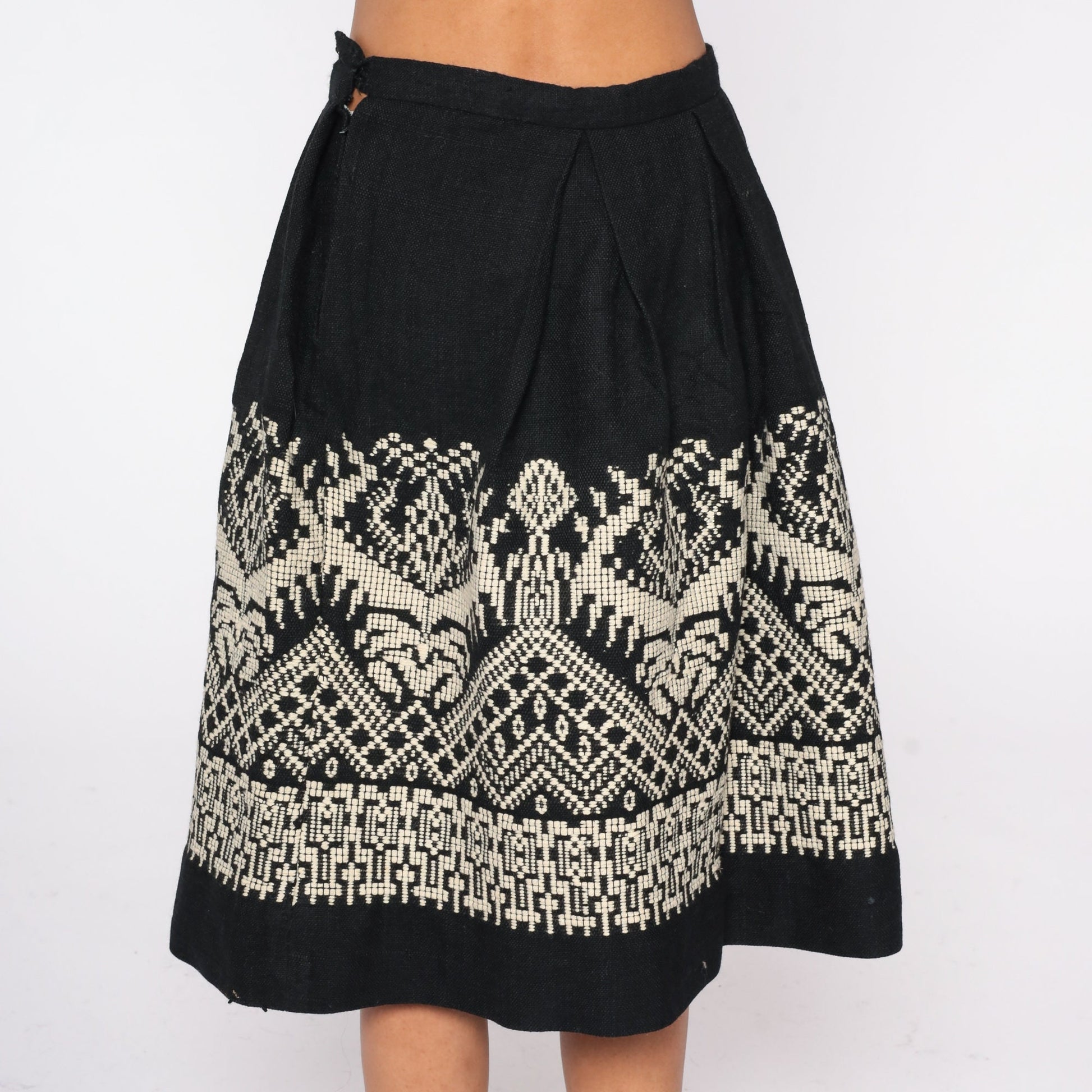 60s Black Pleated Midi Skirt High Waist Geometric White Embroidery Wool Small