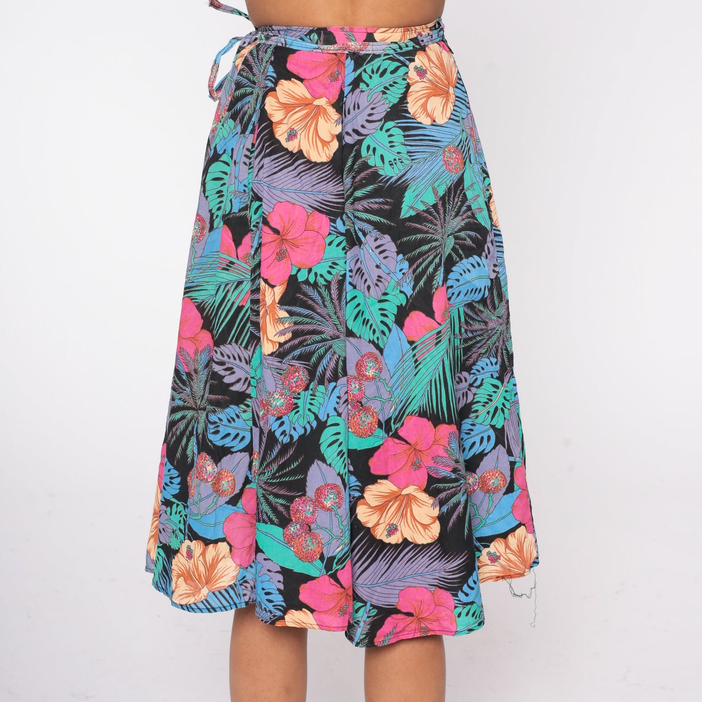 80s Black Tropical Floral Midi Skirt High Waisted Hawaiian Print Extra Small