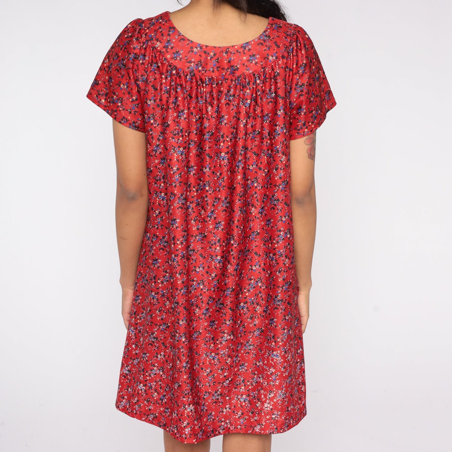 80s Red Floral Mini Shift Dress Short Sleeve Tent Cut Medium Large