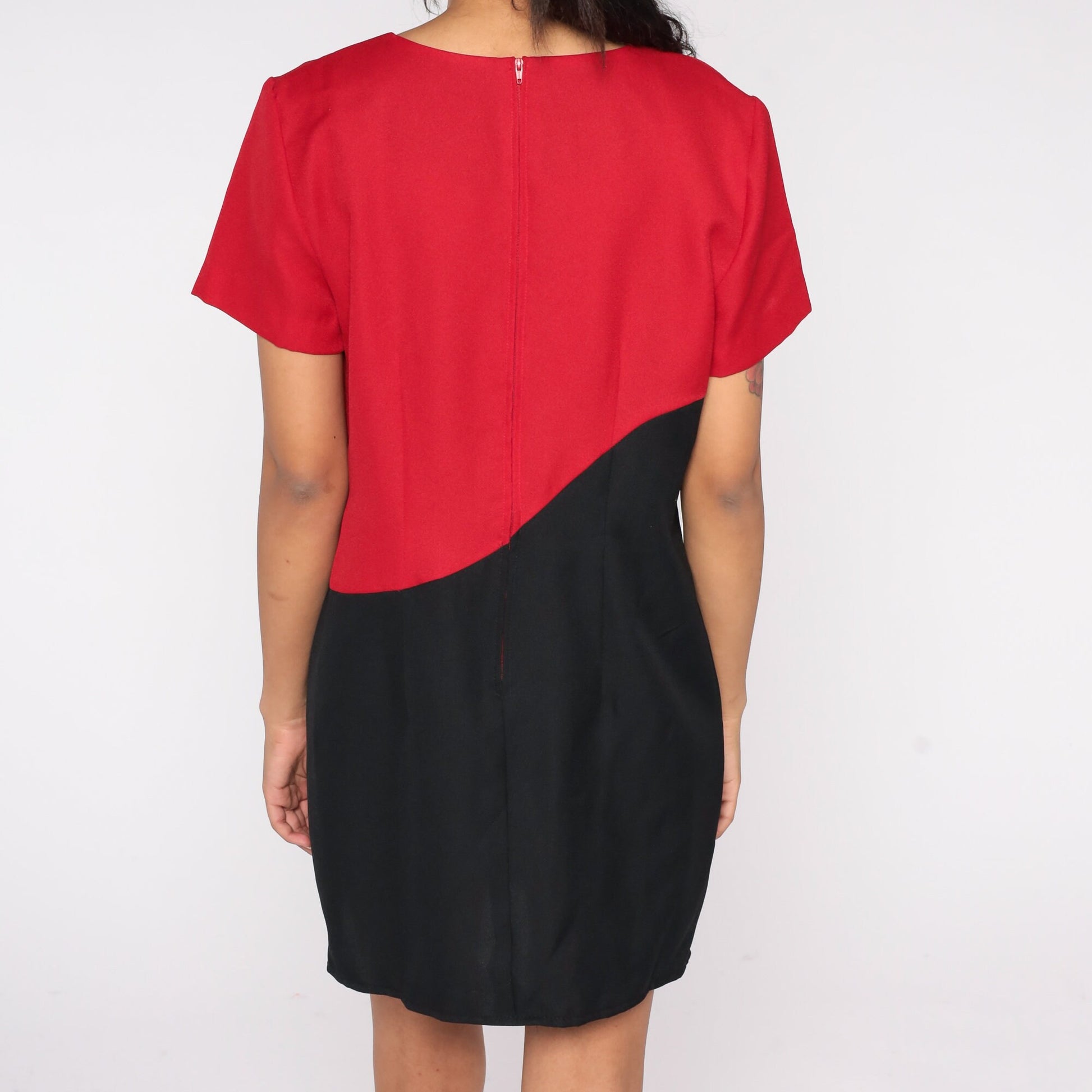 80s Color Block Pencil Dress Black Red Striped Mini Sheath Large L
