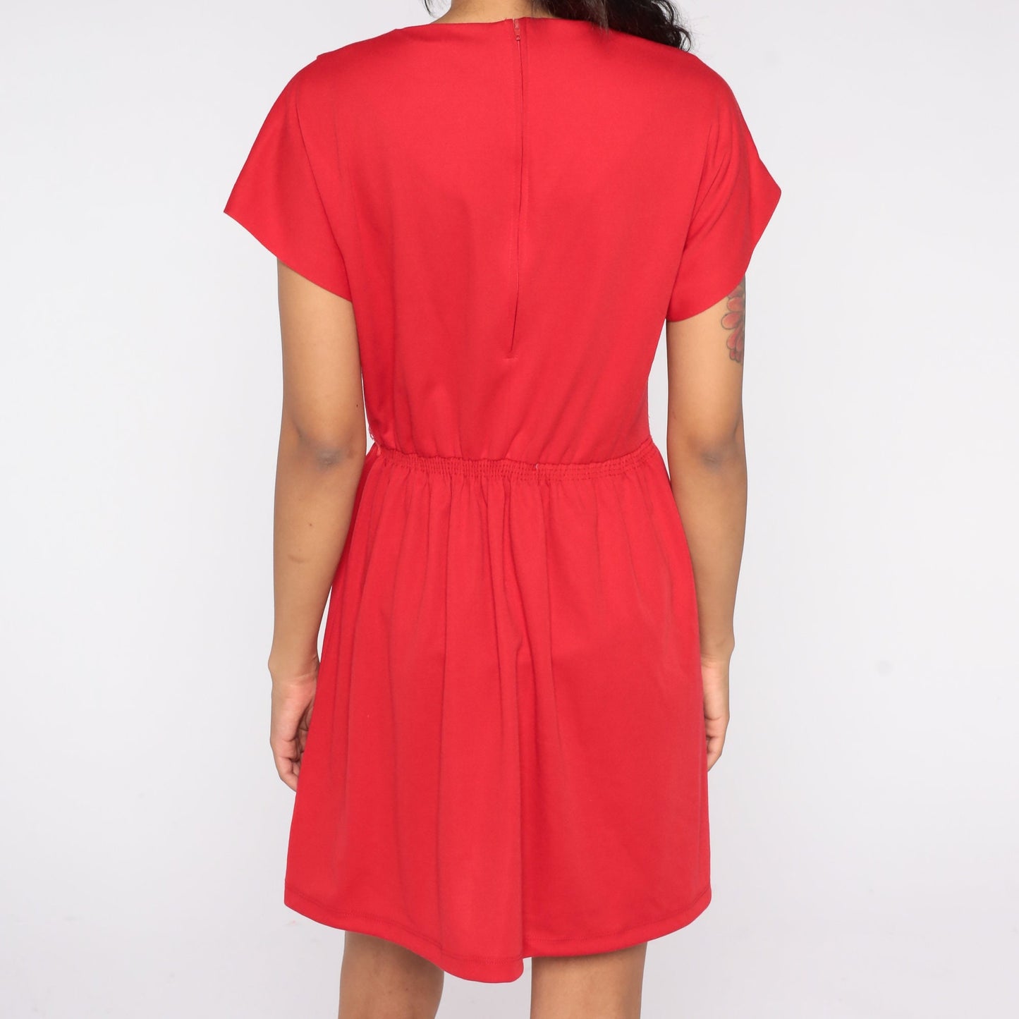 80s Red Shift Dress Mini High Waist Short Sleeve Zipper Back Medium