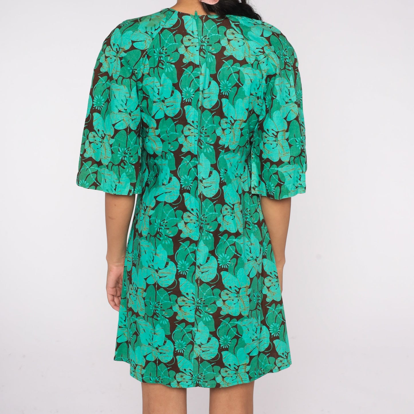 70s Hawaiian Floral Mini Dress Brown Green Hibiscus Print Small