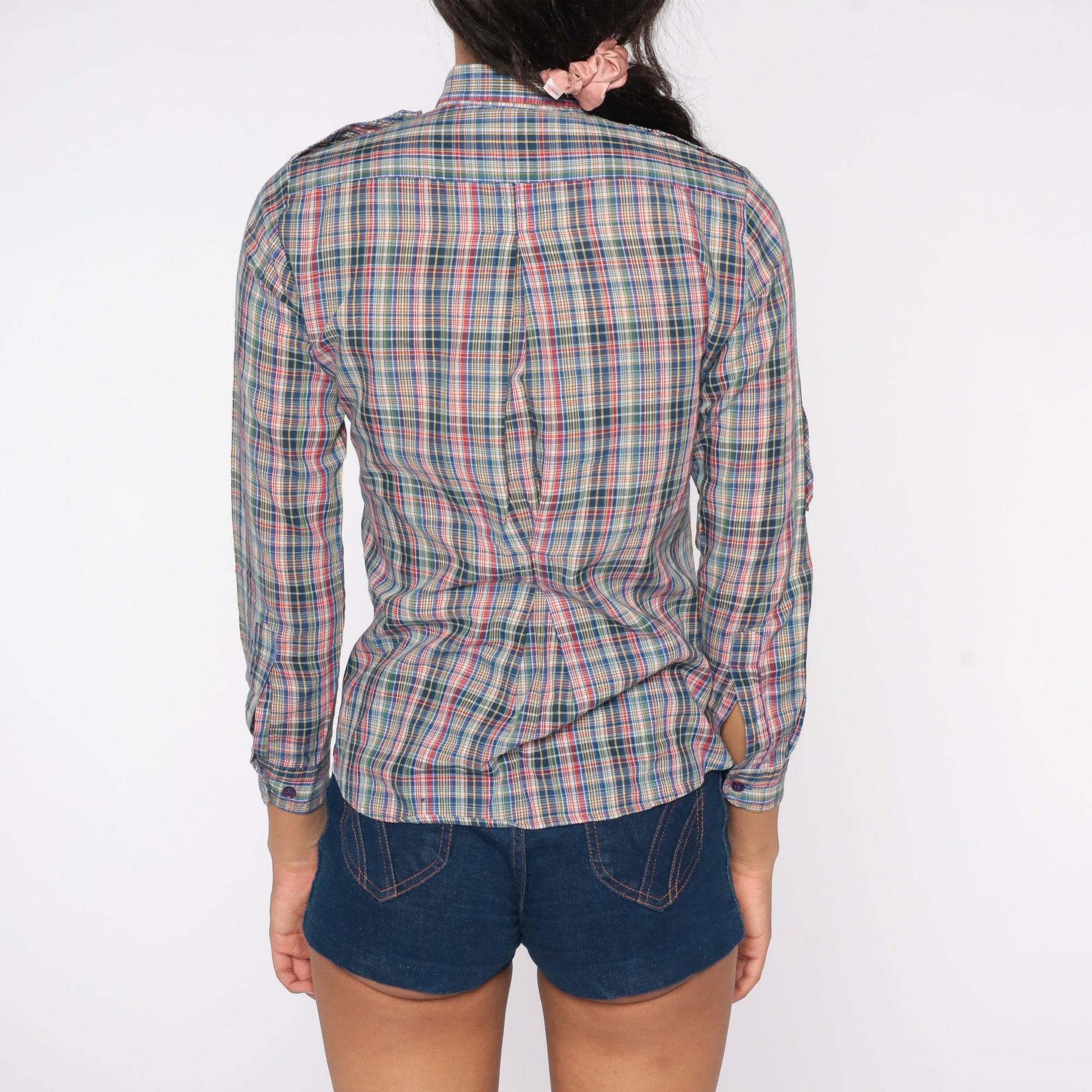 80s Sasson Plaid Button-Up Blouse Blue Red Green Epaulette Extra Small