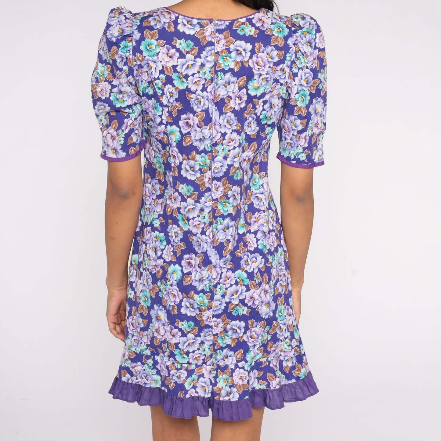 80s Purple Floral Mini Dress Puff Sleeve Shift Cotton Size 7