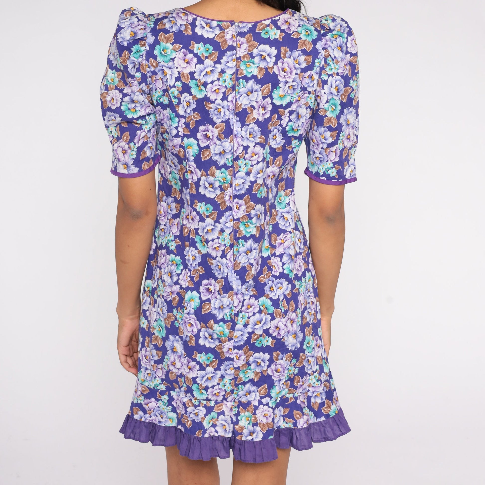 80s Purple Floral Mini Dress Puff Sleeve Shift Cotton Size 7