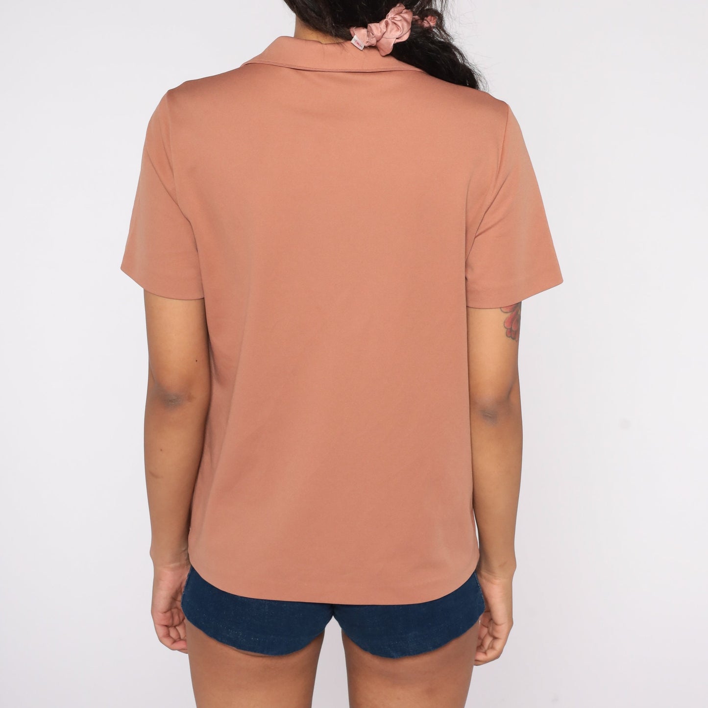 70s Terracotta Polo Blouse Collared Short Sleeve Shirt Medium