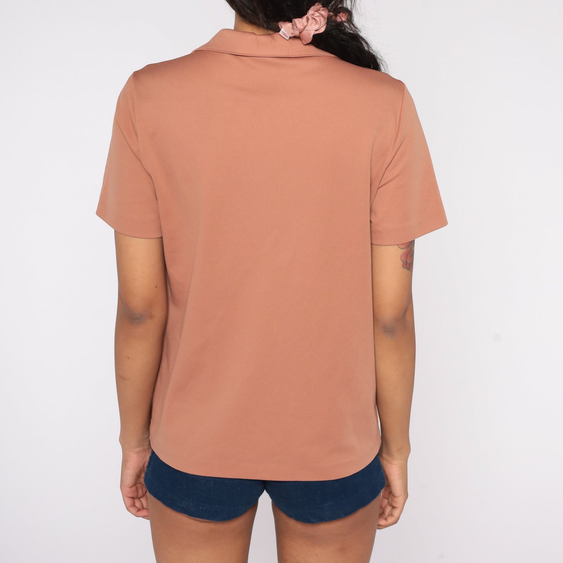 70s Terracotta Polo Blouse Collared Short Sleeve Shirt Medium