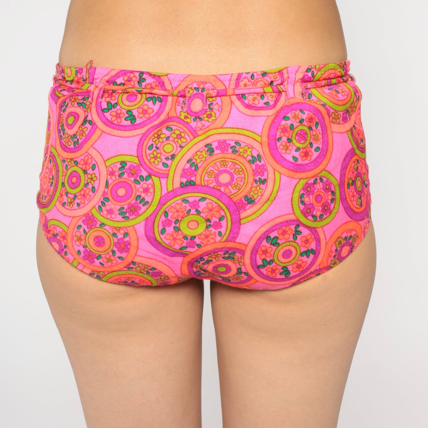 70s Pink Floral Bikini Bottoms Low Waist Drawstring Swim Shorts Small