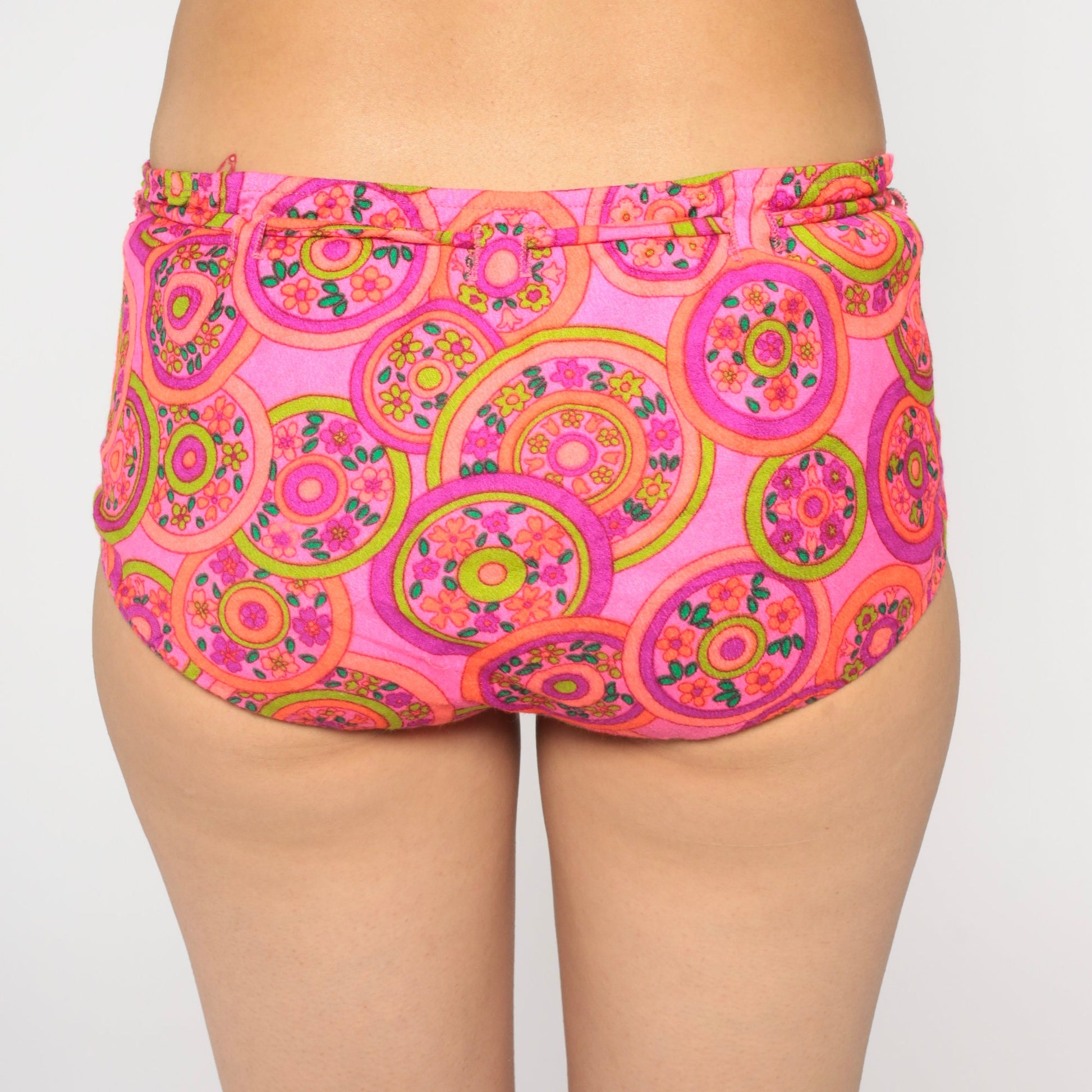 70s Pink Floral Bikini Bottoms Low Waist Drawstring Swim Shorts Small