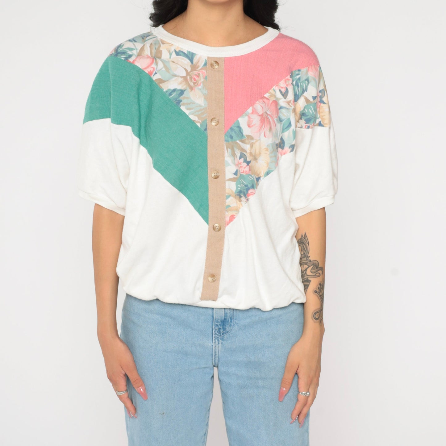 90s Colorblock Floral Striped Cotton T-Shirt White Banded Hem Medium M