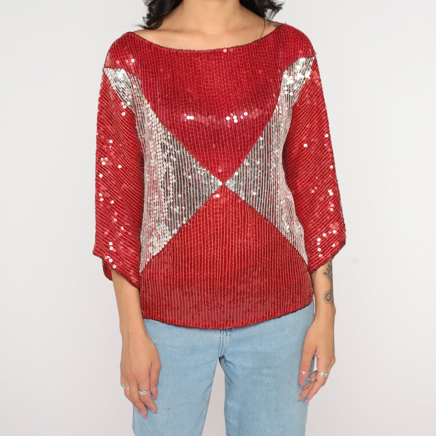 90s Silk Sequin Blouse Red Silver Metallic Color Block Small