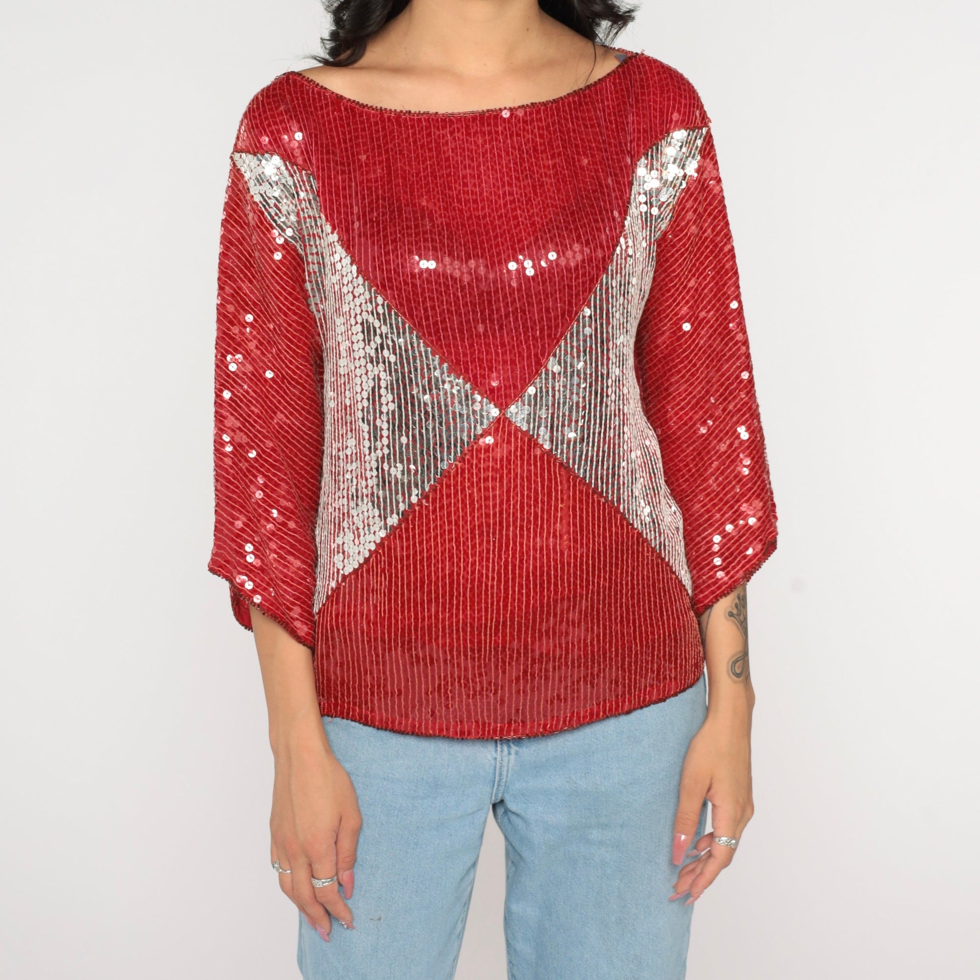 90s Silk Sequin Blouse Red Silver Metallic Color Block Small