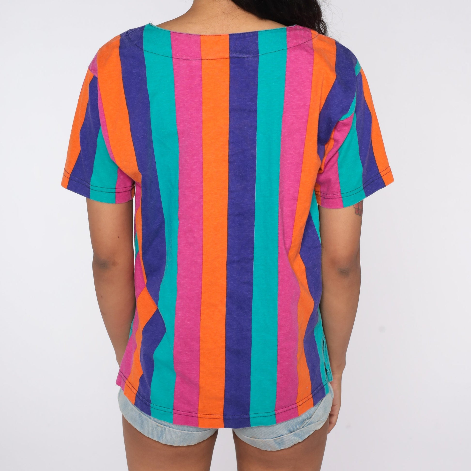 90s Striped Cotton Blouse Lace-Up V-Neck Short Sleeve Pink Orange Blue Purple Medium