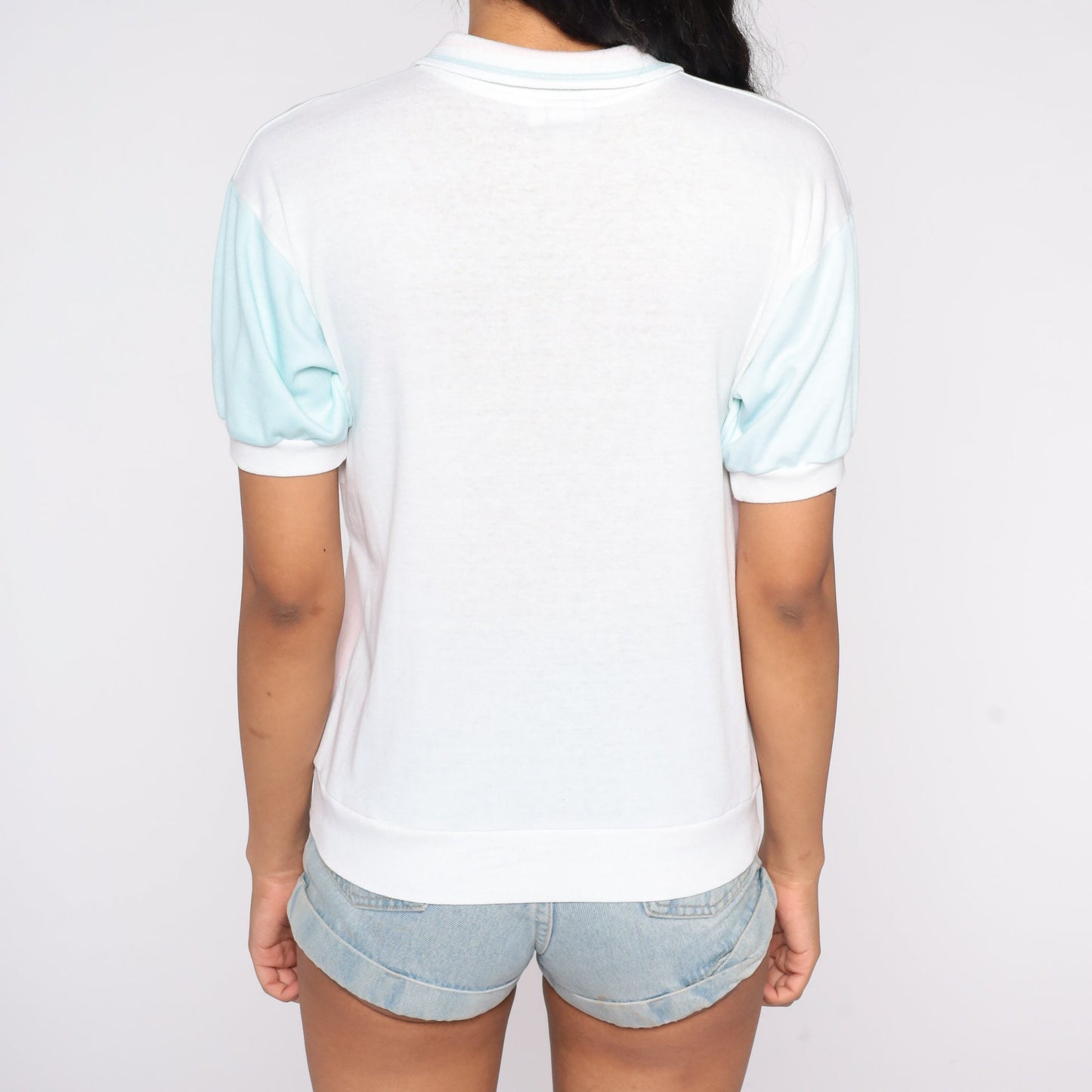 80s Pastel Floral Color Block Polo Shirt White Pink Blue Medium Large