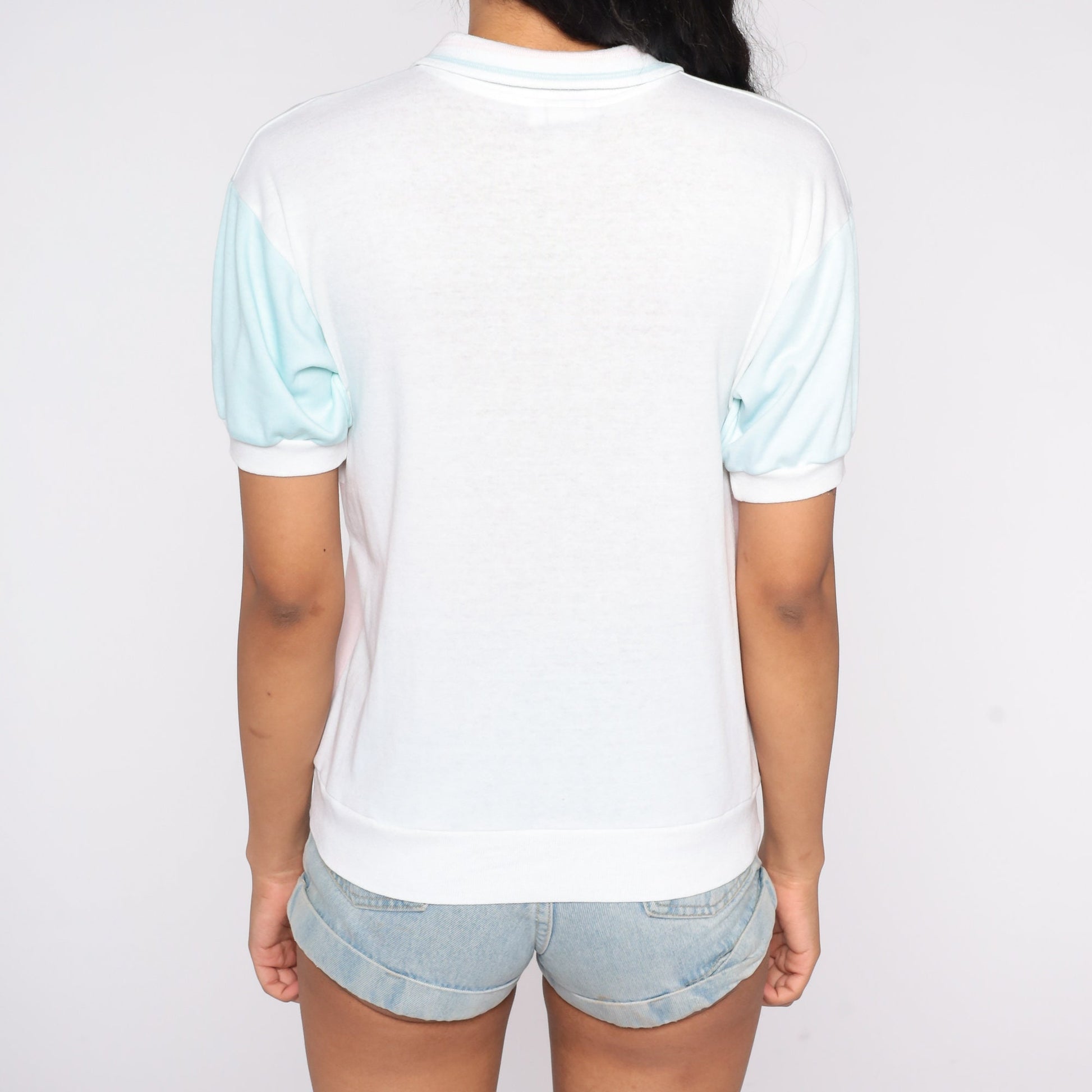 80s Pastel Floral Color Block Polo Shirt White Pink Blue Medium Large