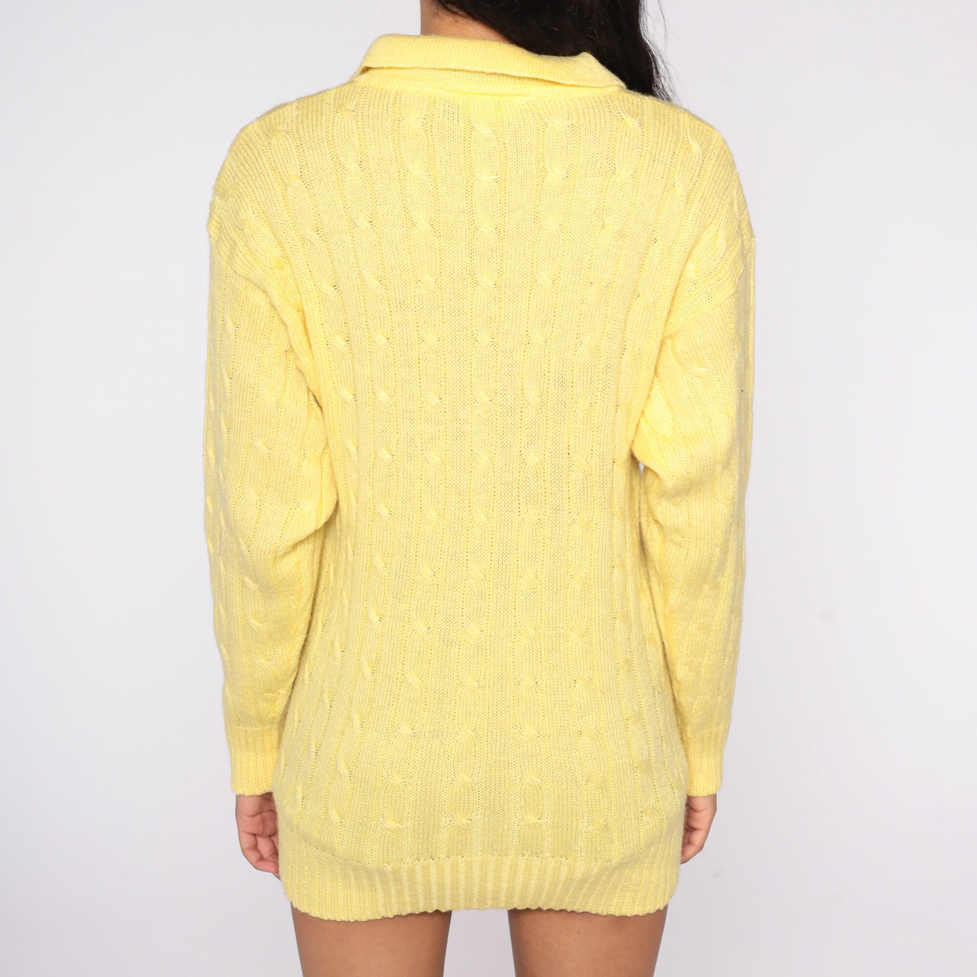 80s Diane Von Furstenberg Yellow Cable Knit Pullover Collared Sweater Large L