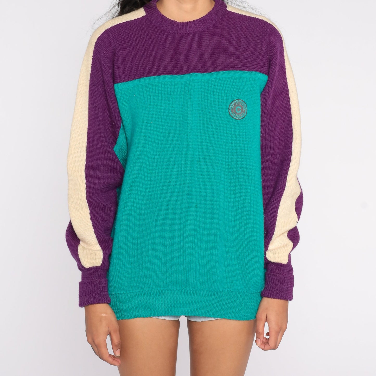 90s Wool Color Block Sweater Purple Green Cream Striped Crewneck Medium