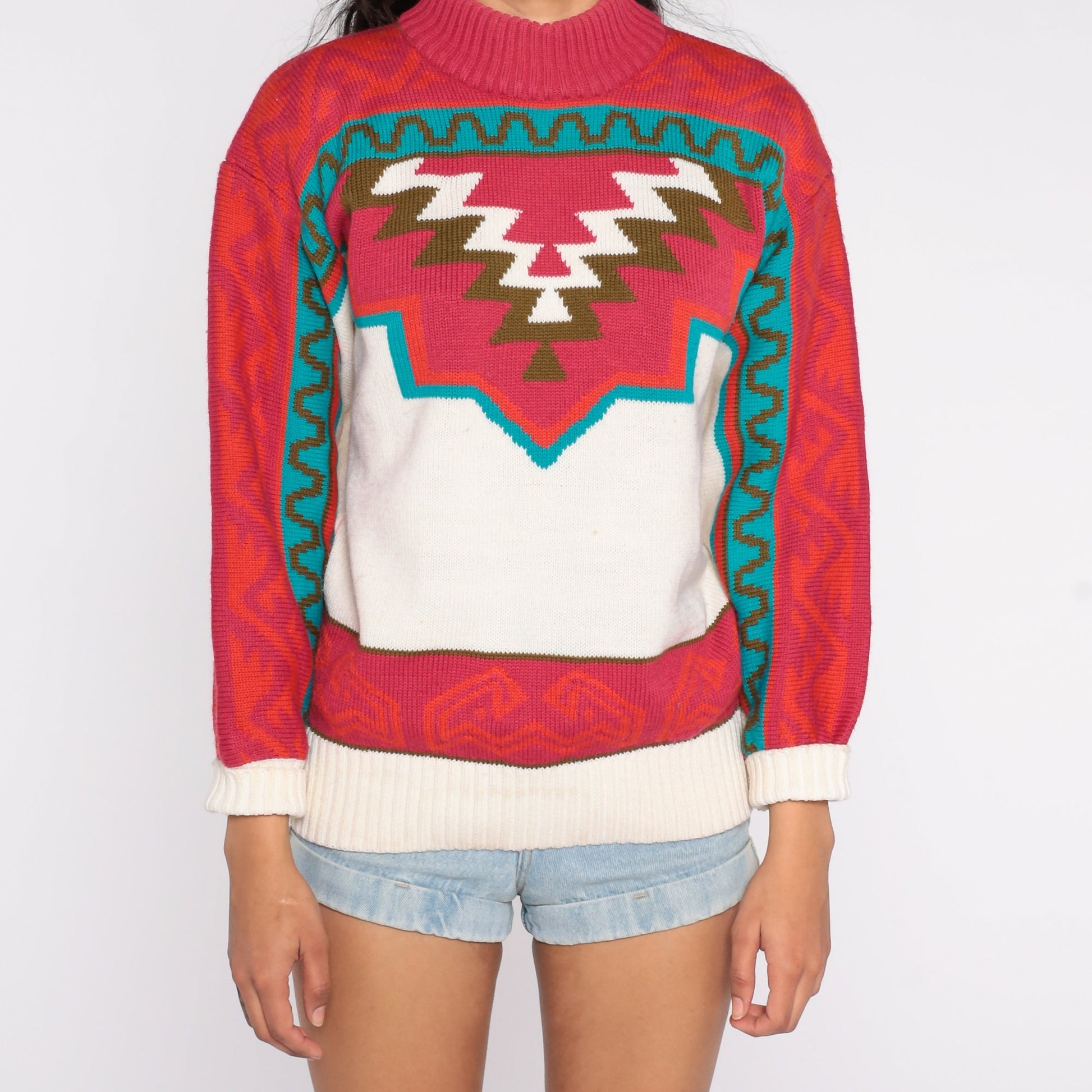 80s Southwestern Geometric Mock Neck Sweater Red Blue White Wool Blend Small